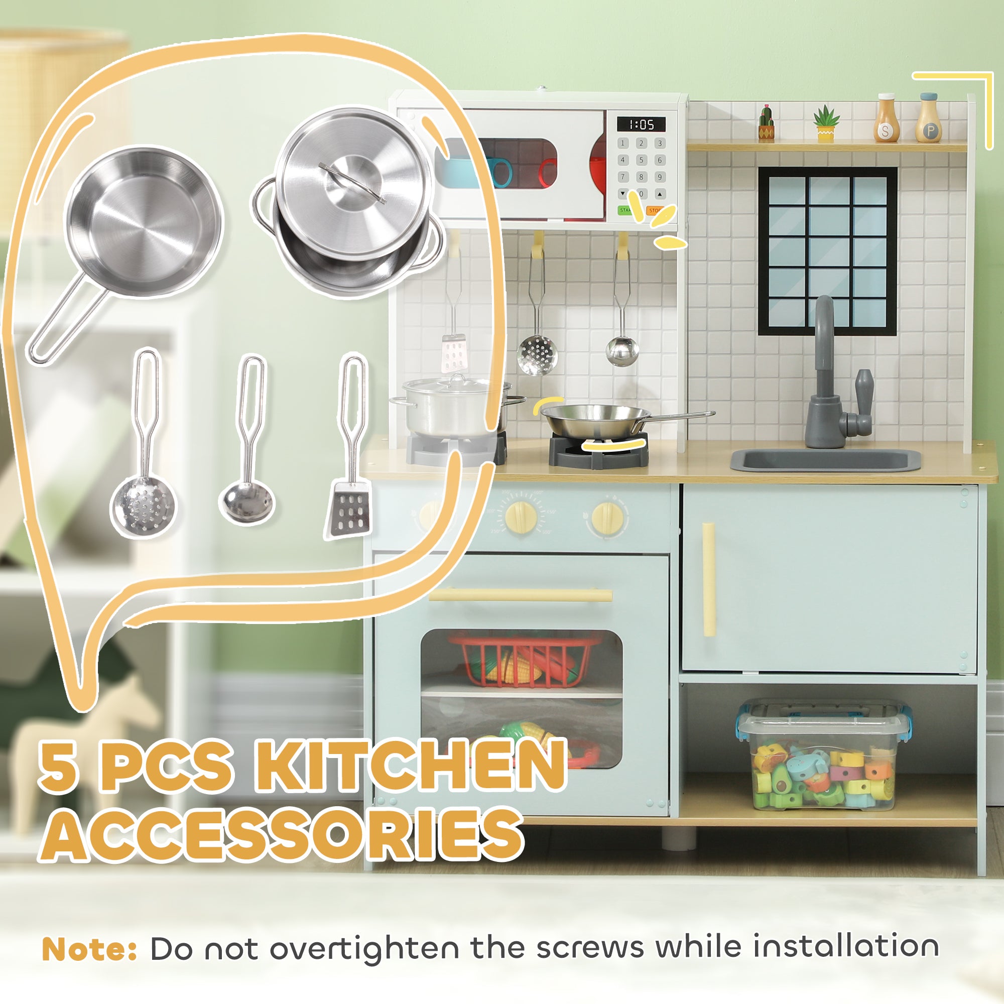 AIYAPLAY Pretend Play Kitchen, Kids Kitchen Playset with Light & Sound Stove, Turning Knobs, Cooking Accessories