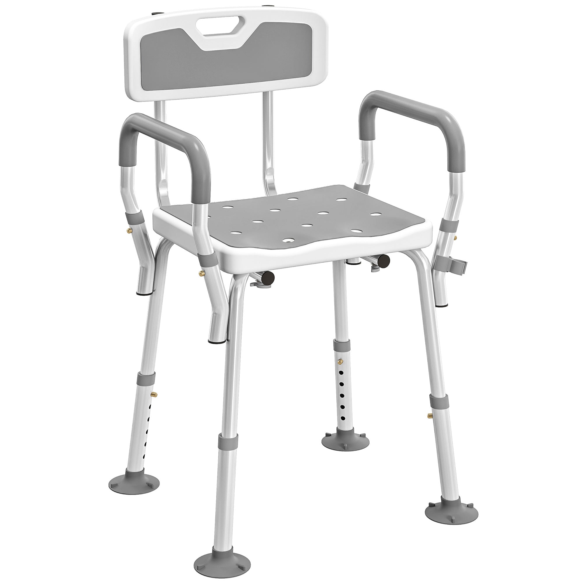 HOMCOM EVA Padded Shower Chair for the Elderly and Disabled, Height Adjustable Shower Stool with Back and Arms, 4 Suction Foot Pads, Light Grey