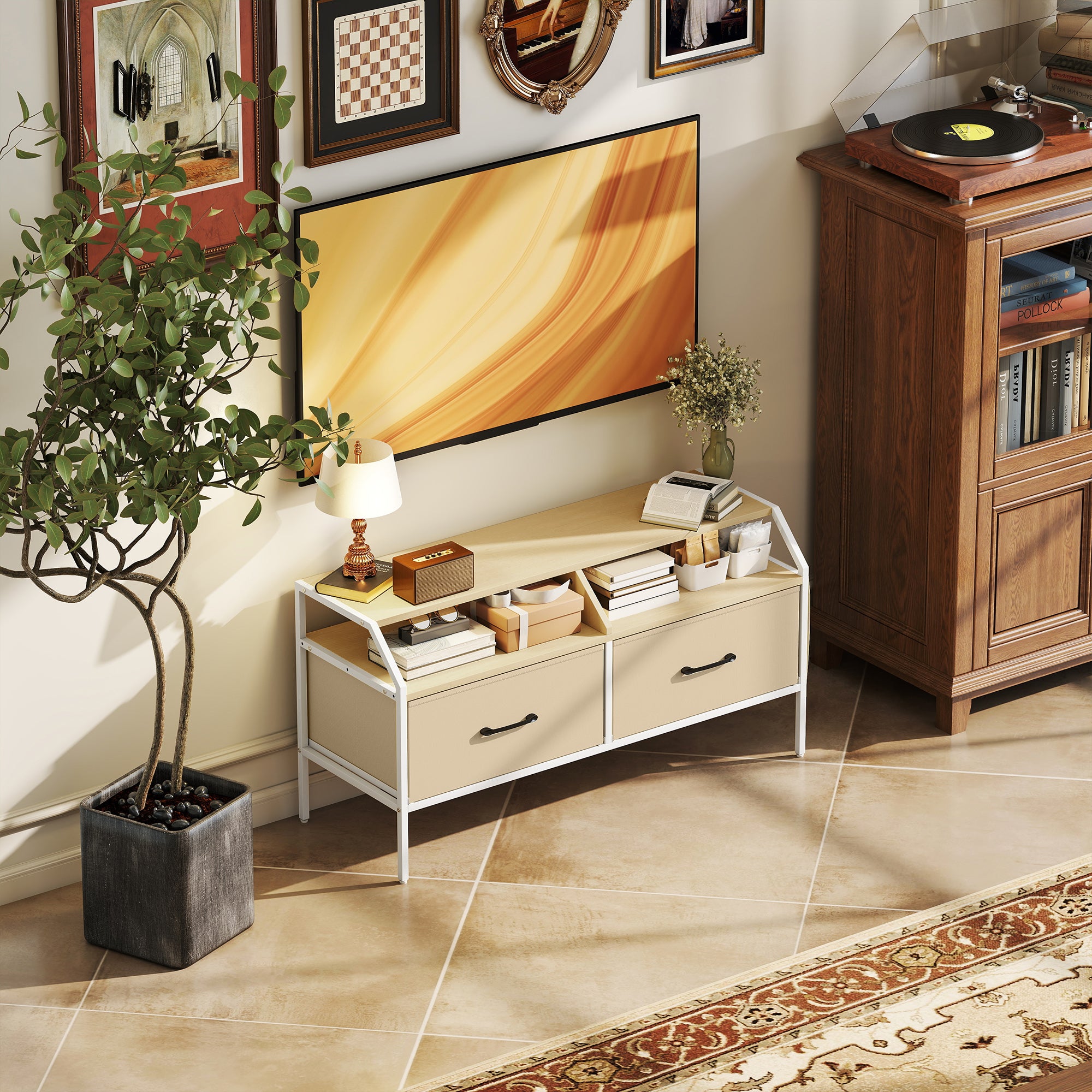 HOMCOM TV Stand Cabinet, TV Unit for 55-inch TVs with 2 Foldable Fabric Drawers, 5 Divided Side Pockets, Open Shelves, Console Table for Living Room, Bedroom, Entertainment Room, Natural Wood Finish