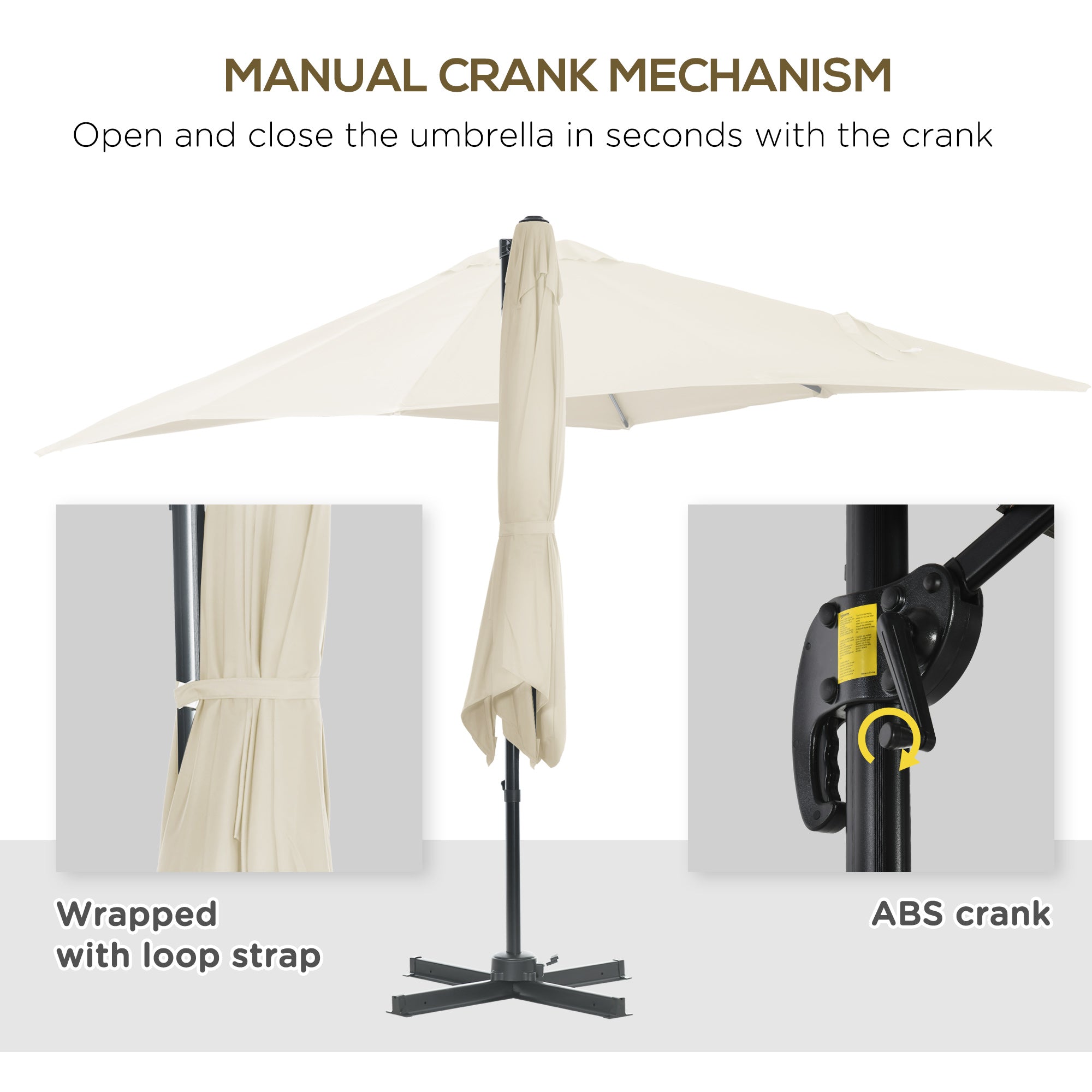 Outsunny 2.5 x 2.5m Patio Offset Parasol Umbrella Cantilever Hanging Aluminium Sun Shade Canopy Shelter 360\'c2\'b0 Rotation with Crank Handle and Cross Base, Cream White