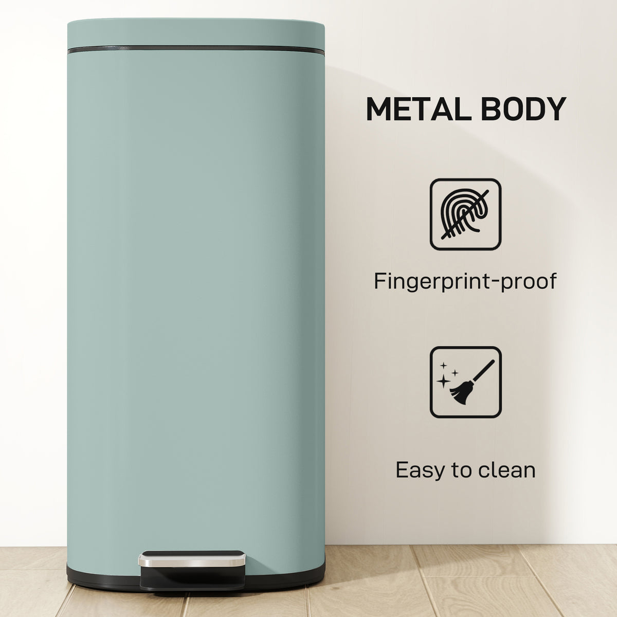 HOMCOM 30L Kitchen Bin, Compact Pedal Bin with Soft-Close and Stay-Open Lid, Removable Bucket for Kitchen, Home, Office, Green