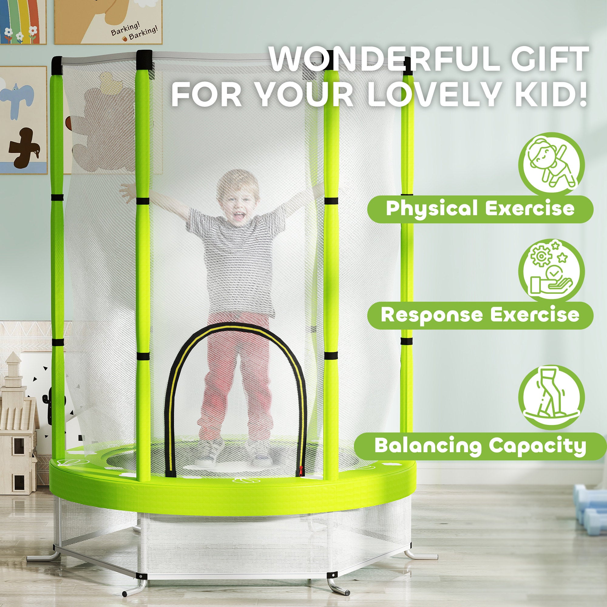 AIYAPLAY 4.6ft Toddler Trampoline w/ Safety Enclosure Net, for Indoor Outdoor Use, Ages 3-6 Years, Green