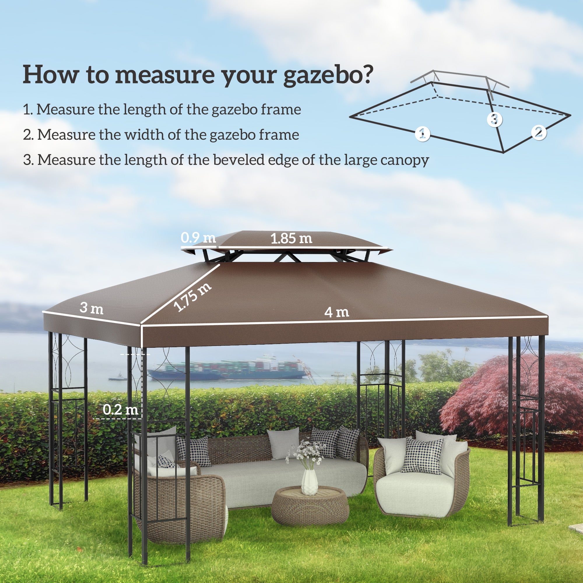 Outsunny 3x4m Gazebo Canopy Replacement Cover, 2 Tier Top Roof UV Cover Garden Patio Outdoor Sun Awning Shelters, Brown (TOP COVER ONLY)