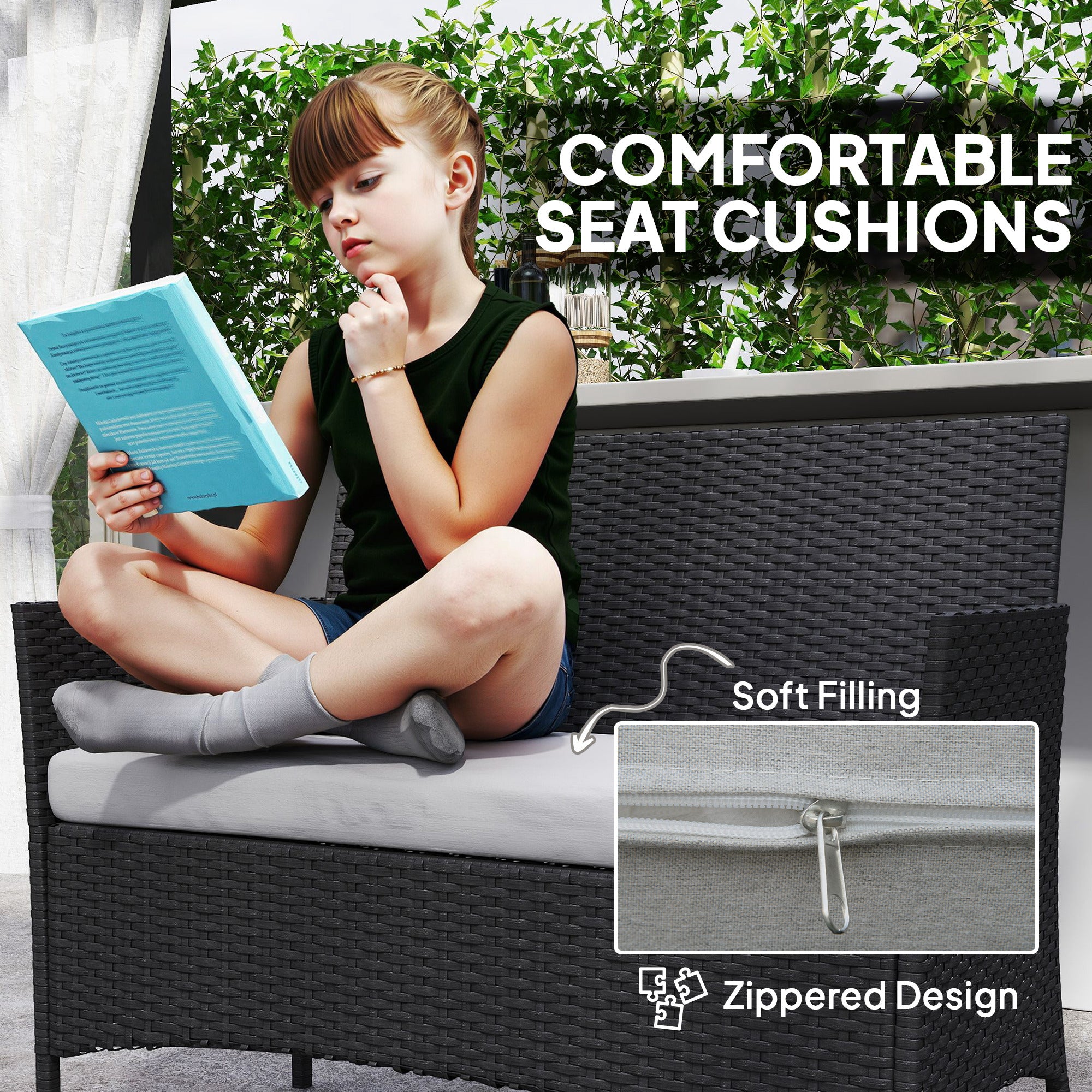 Outsunny 4 Piece Rattan Garden Furniture Sofa Set with Loveseat, Armchairs, Glass-Top Coffee Table and Cushions, Black