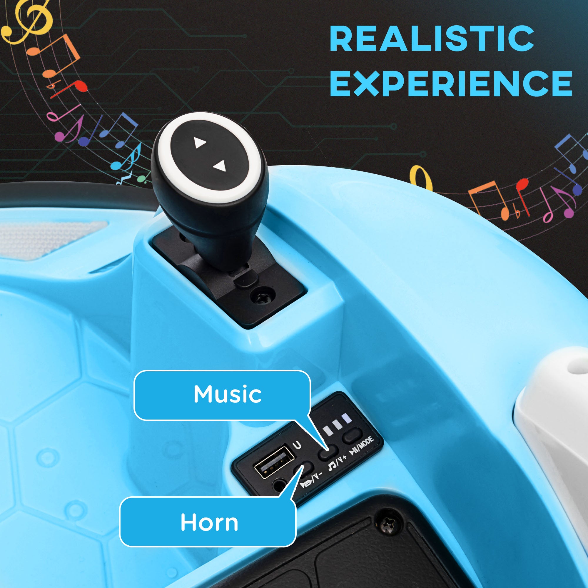 AIYAPLAY 360\'c2\'b0 Rotation Kids Bumper Car, 12V Waltz Car with Remote Control, Dual Joystick, Music, Lights, Light Blue