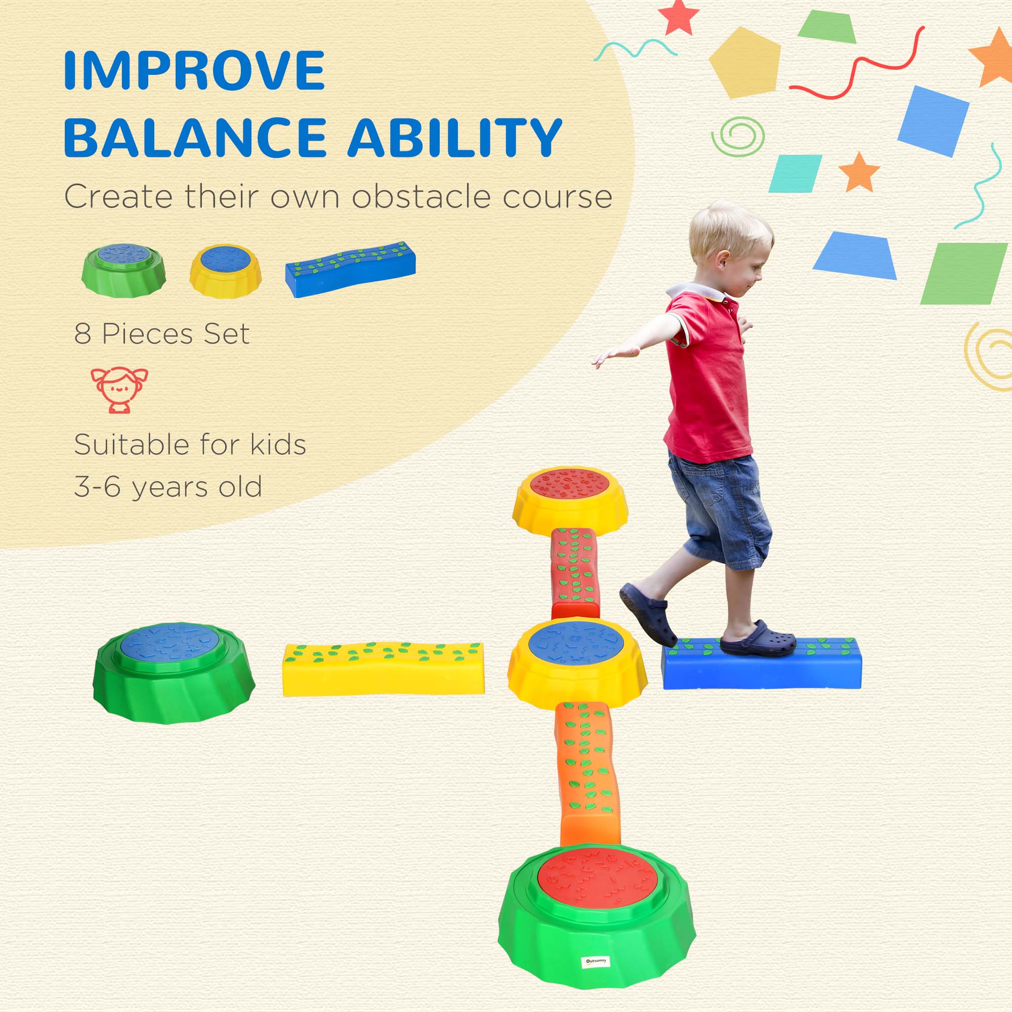 Outsunny Eight-Piece Kids Stepping Stones, with Non-Slip Surface & Bottom, for Toddlers - Multicoloured