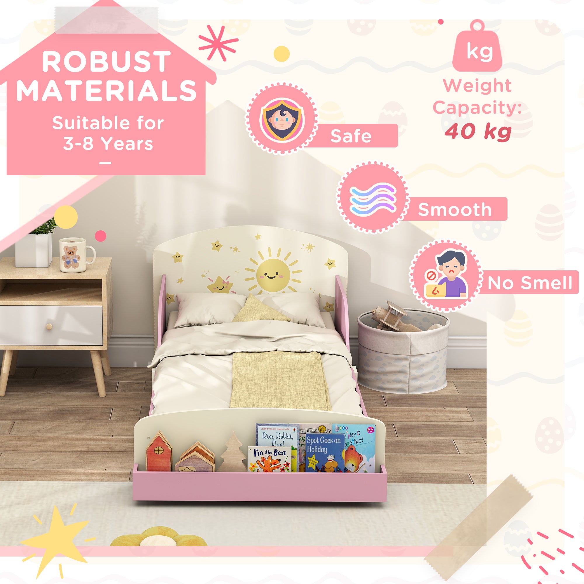 AIYAPLAY Toddler Bed with Storage, Guardrails, Sun Design, for Ages 3-8 Years, Fits 140 x 70cm Mattress,