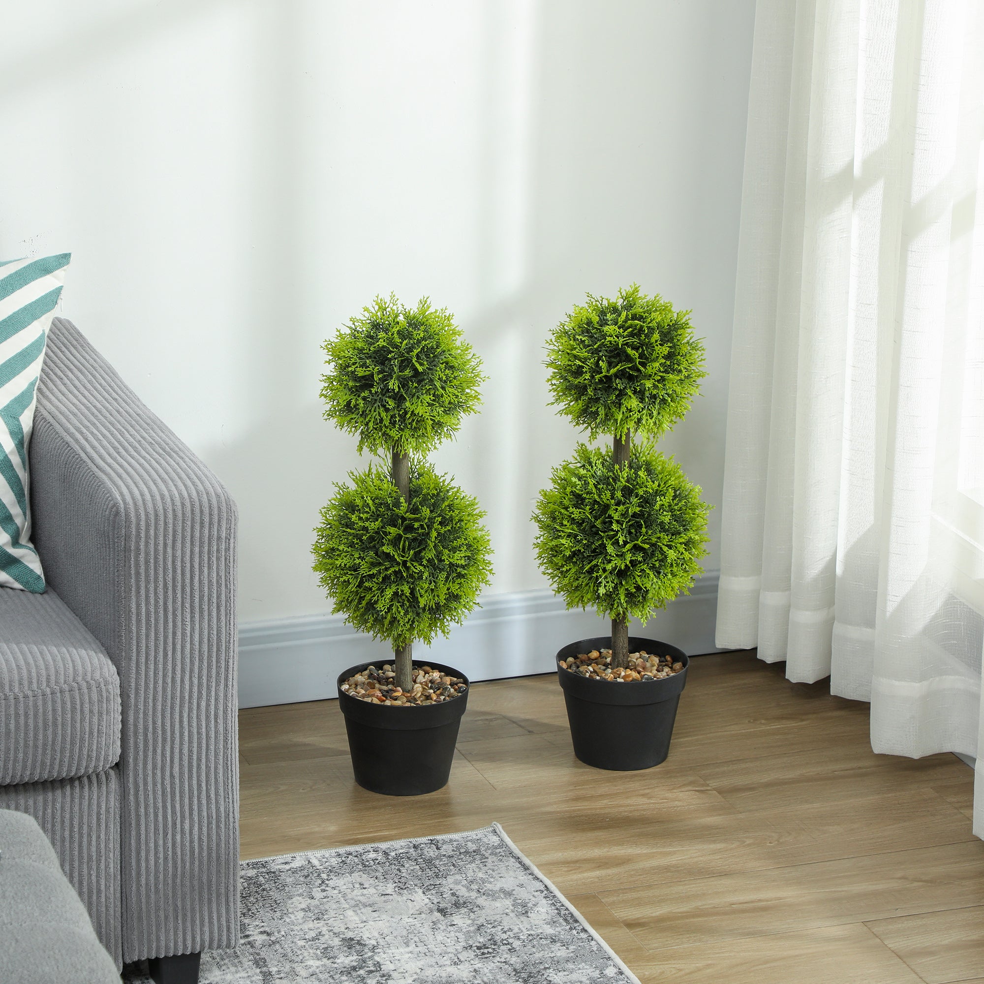 HOMCOM Set of 2 Decorative Artificial Plants, 60cm Faux Topiary Cypress Ball Trees with Plastic Pot and Pebbles, Fake Plants for Home Office Decor, Green