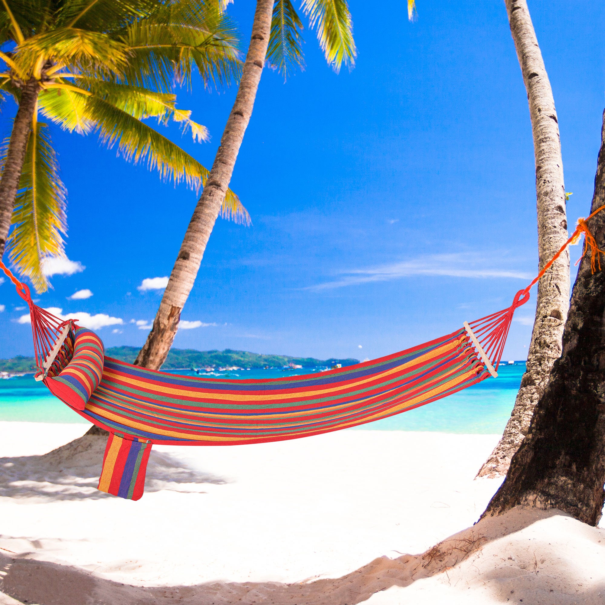 Outsunny Cotton Hammock Soft Portable Swing Sleeping w/ Headrest & Side Pocket Deluxe Swing Chair for Beach, Yard, Bedroom, Patio, Porch, Indoor, Outdoor,270 x 80 cm