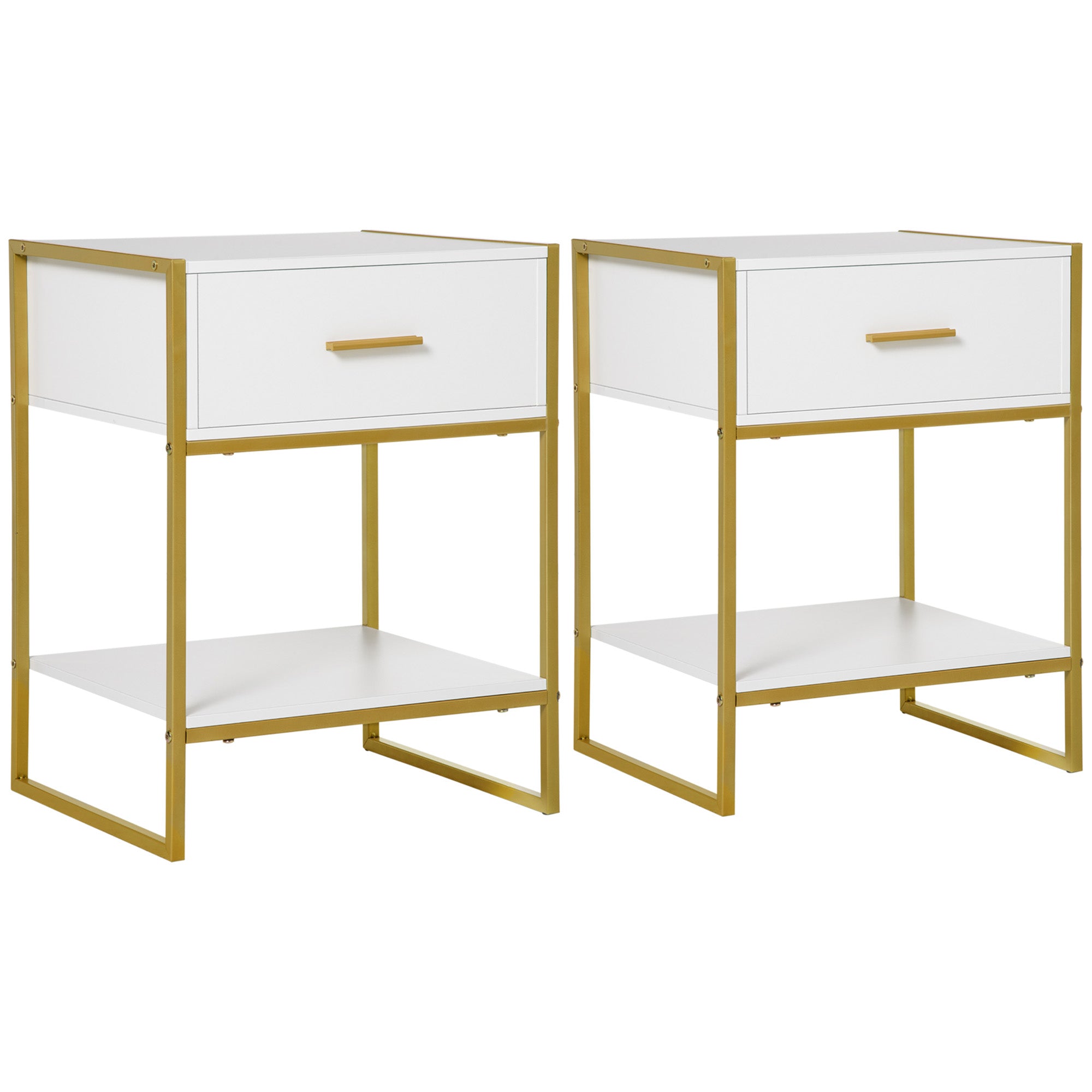 HOMCOM Bedside Table Set of 2, Modern Side Tables with Drawer and Shelf, Nightstands for Bedroom, White