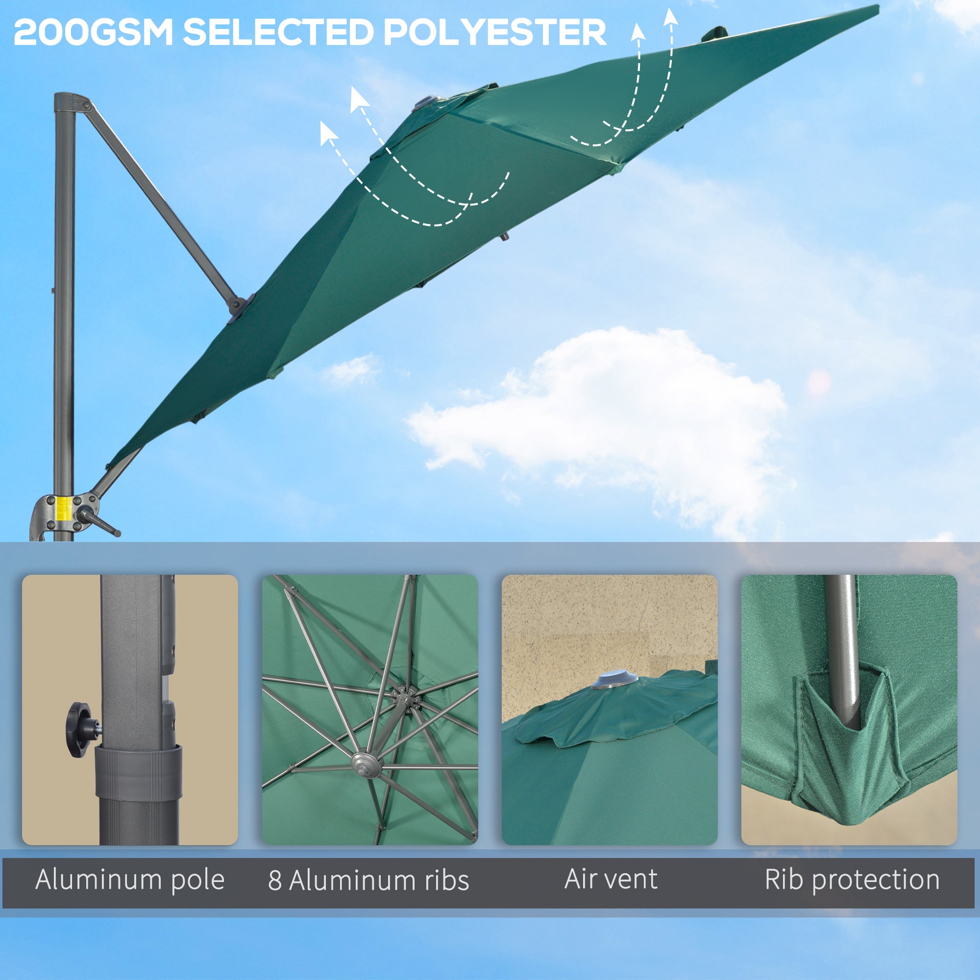 Outsunny 3 x 3(m) Cantilever Parasol with Cross Base, Garden Umbrella with 360\'c2\'b0 Rotation, Crank Handle and Tilt for Outdoor, Patio, Green