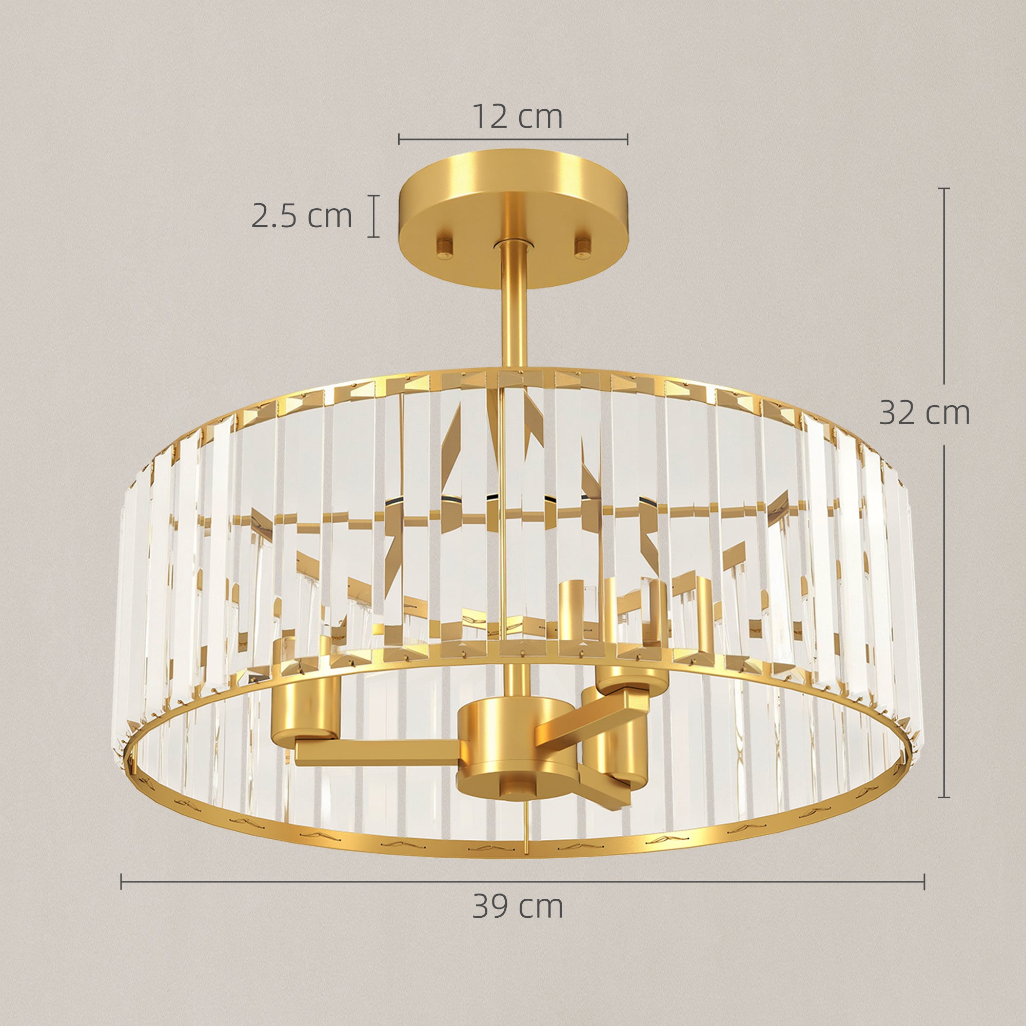 HOMCOM Crystal Ceiling Light Fixture, Semi Flush Mount Modern Crystal Chandelier Ceiling Light for Living Room, Bedroom, Hallway,  Dining Room, E14 Base 3-Lights, Gold Tone