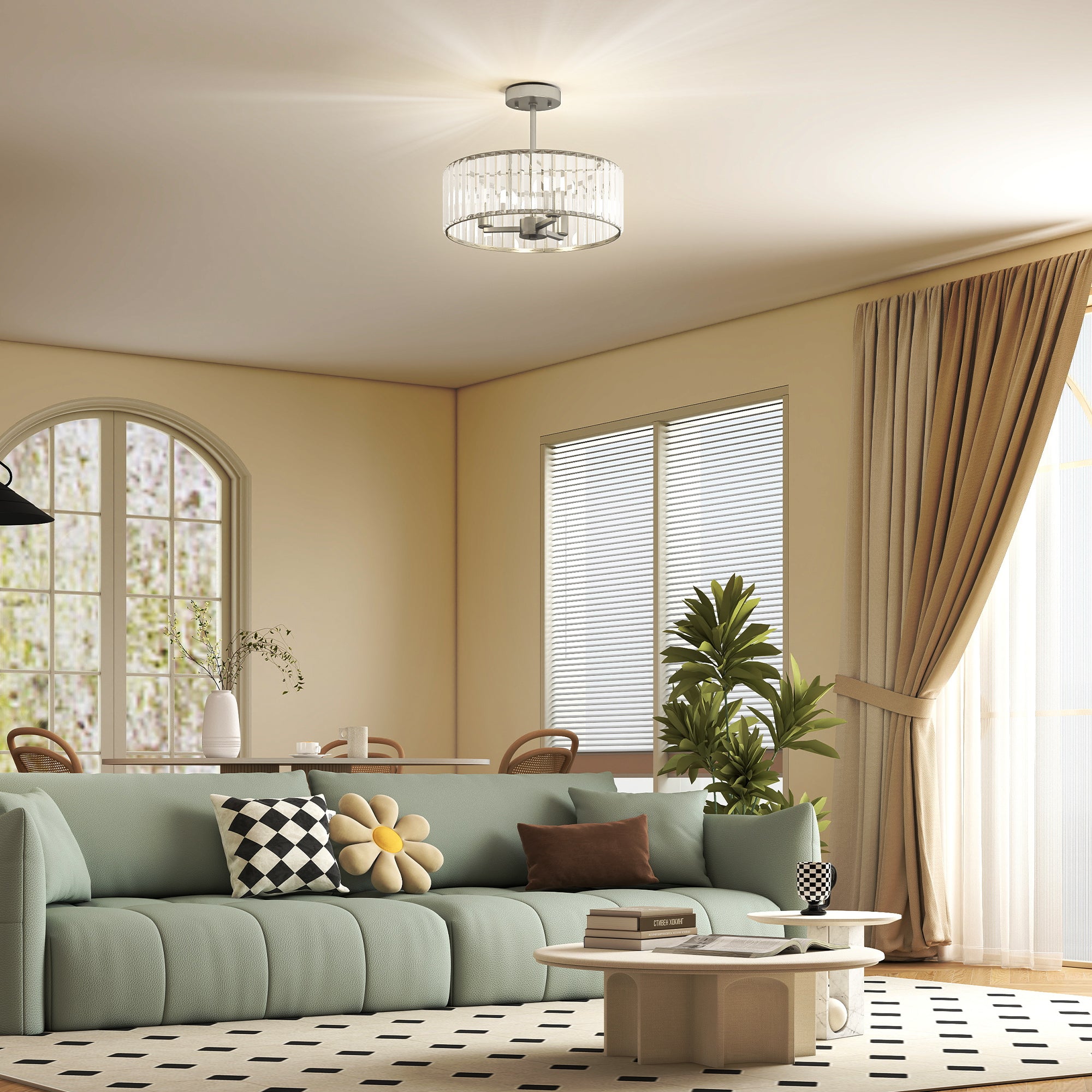 HOMCOM Crystal Ceiling Light Fixture, Semi Flush Mount Modern Crystal Chandelier Ceiling Light for Living Room, Bedroom, Hallway,  Dining Room, E14 Base 3-Lights, Silver Tone