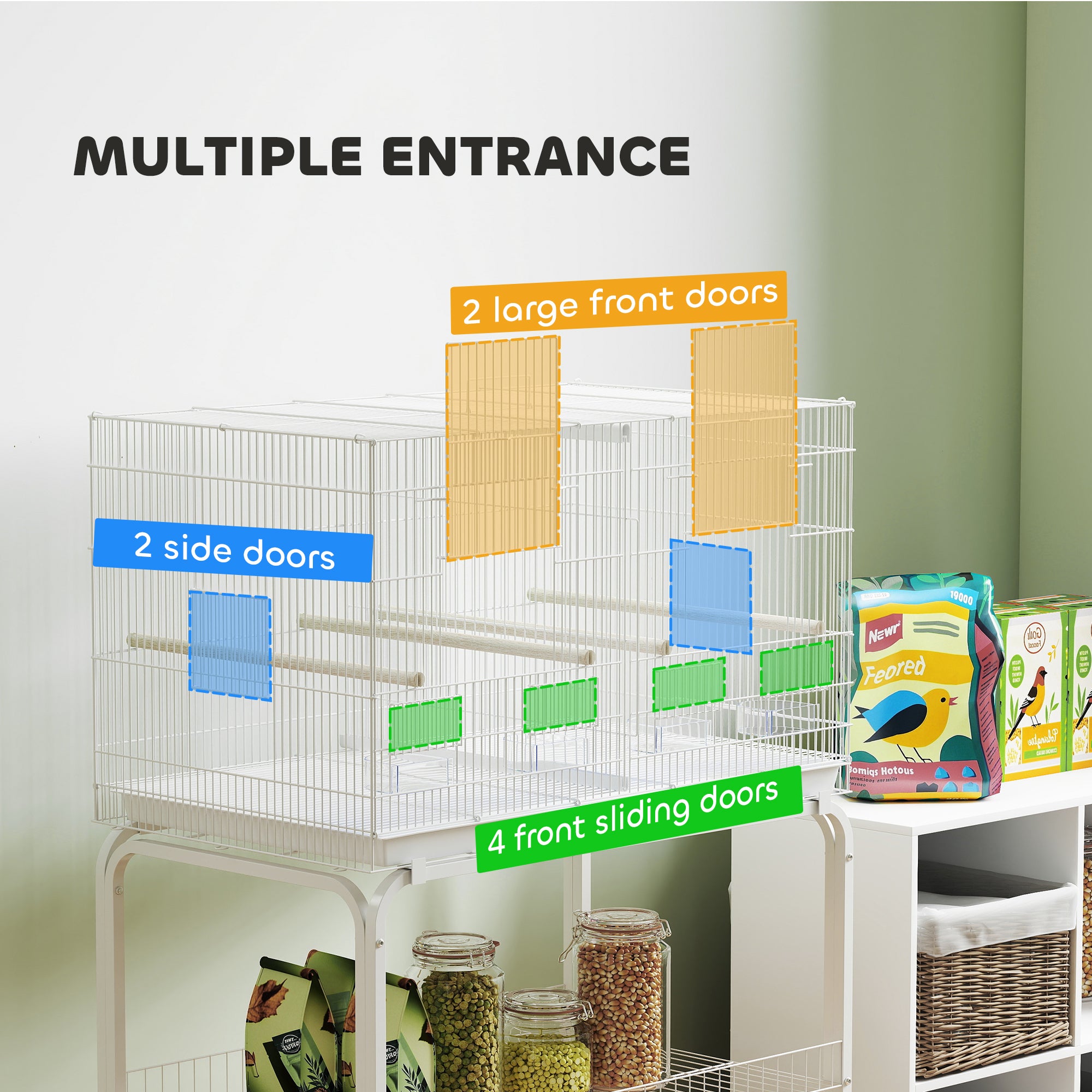 PawHut Bird Cage with Divider, 4 Wooden Perches, Slide Out Tray, 4 Feeders, for Budgie, Lovebird, Canary, 76 x 46 x 116cm White