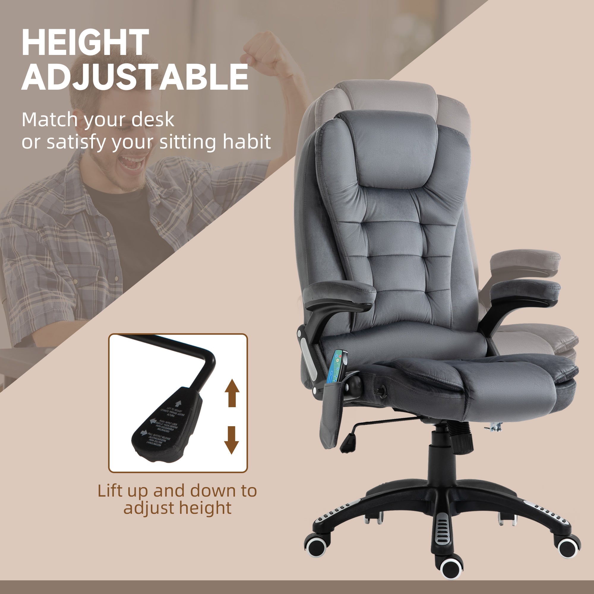 Vinsetto Massage Recliner Chair Heated Office Chair with Six Massage Points Velvet-Feel Fabric 360\'c2\'b0 Swivel Wheels Grey