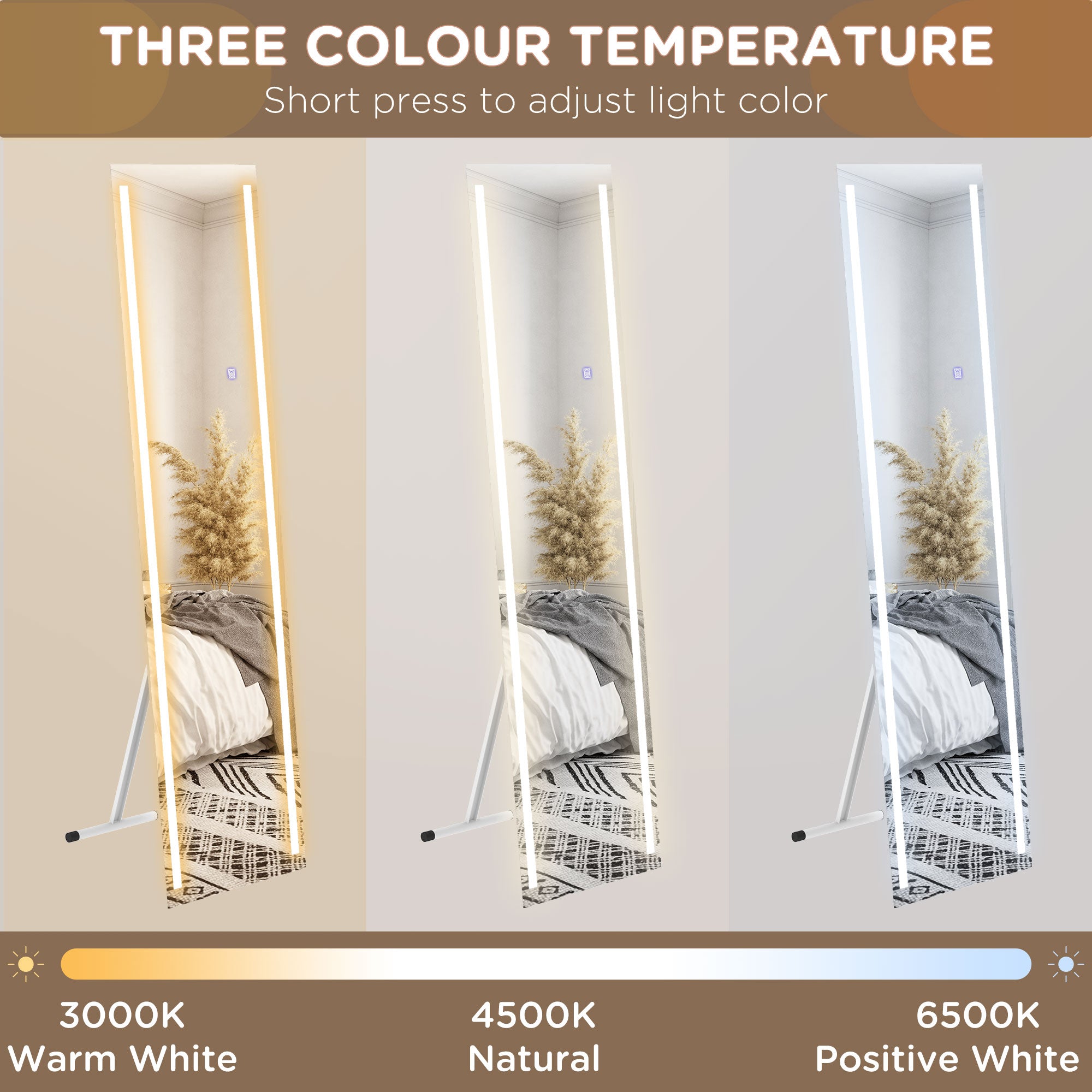 HOMCOM Full Length Dressing Mirror, LED Lighted Wall Mirror for Bedroom, Adjustable Brightness and 3 Colours, White