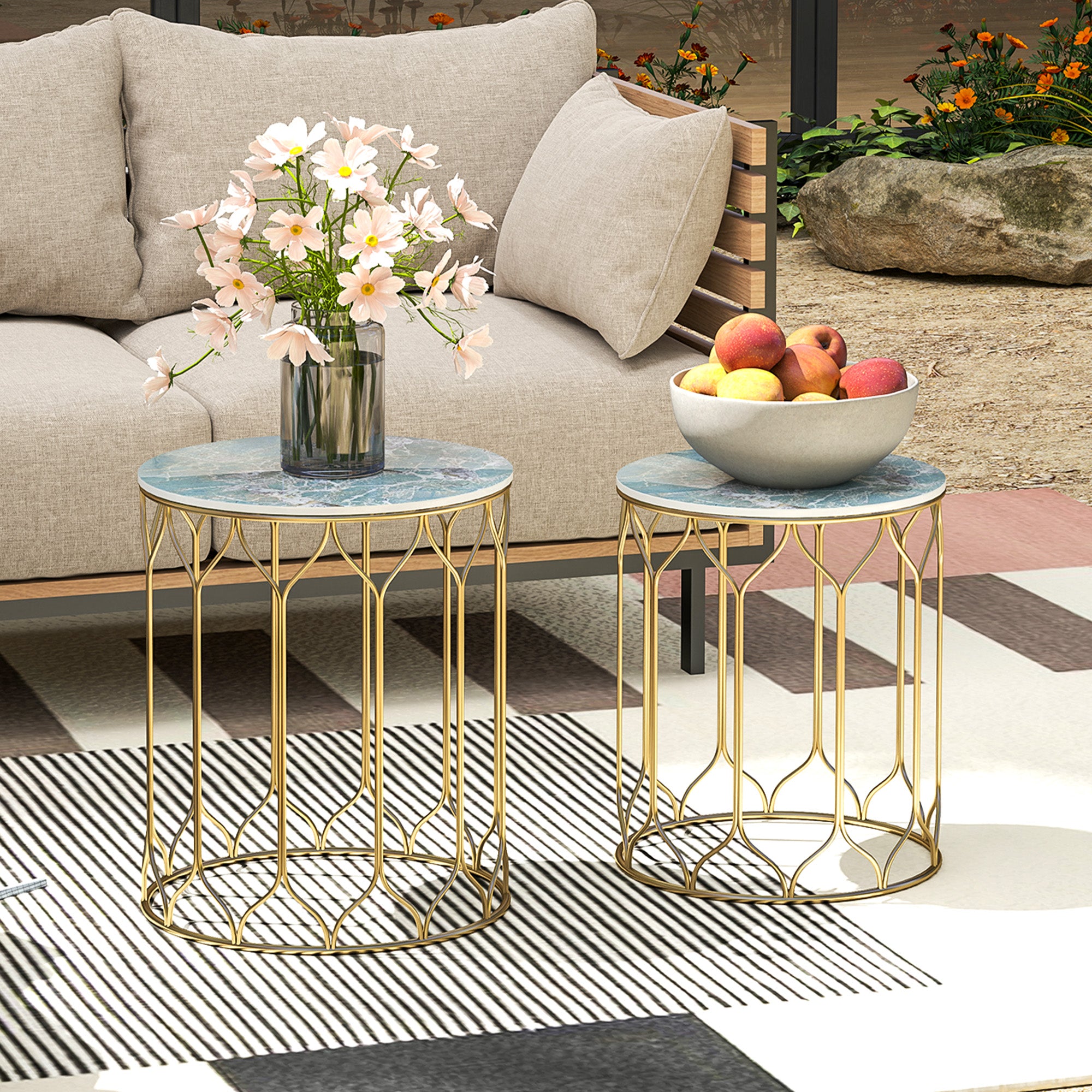 Outsunny Garden Side Table Set of 2, Nesting Tables with Ceramic Tile Top, Indoor Outdoor Small Garden Tables, Multifunctional End Tables with Metal Frame for Patio, Balcony, Porch, Multicoloured