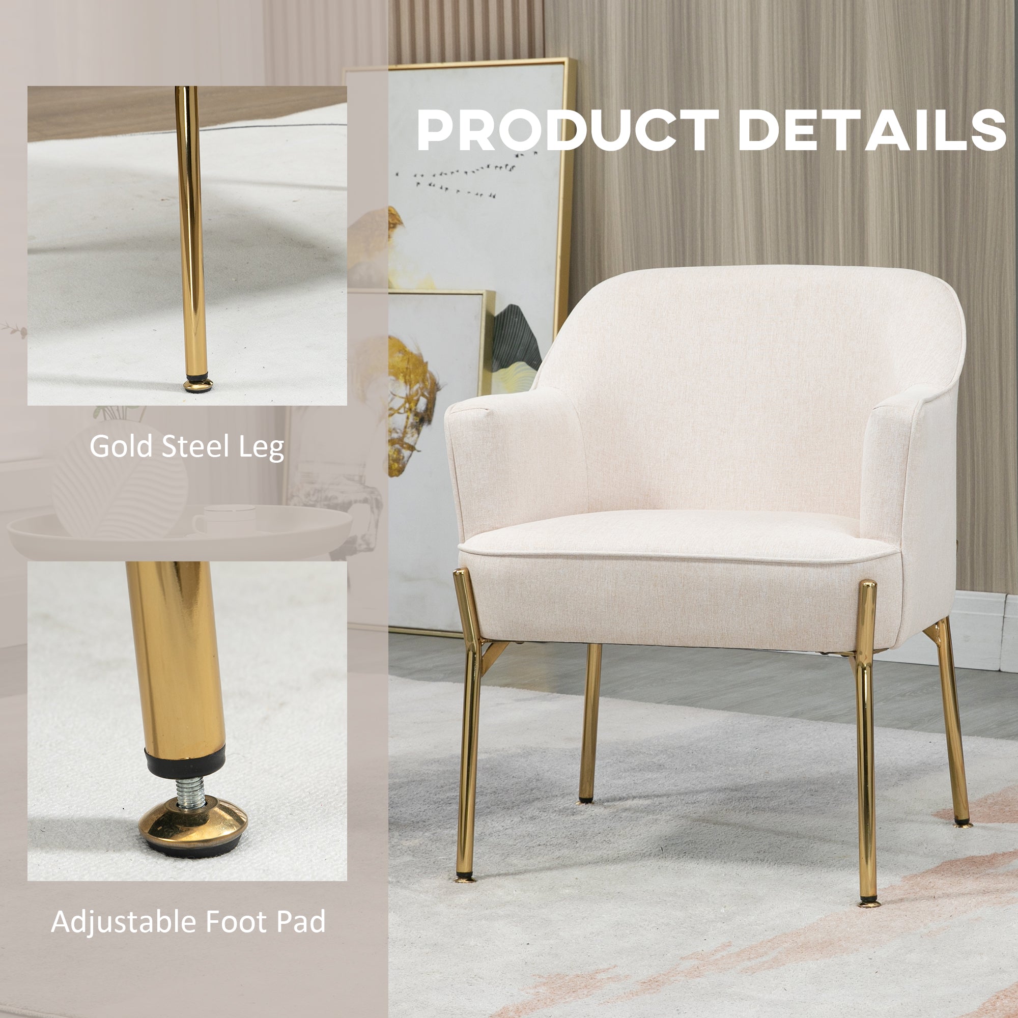 HOMCOM Accent Chair, Living Room Armchair, Vanity Chair with Gold Plating Metal Legs and Soft Padded Seat for Bedroom and Caf\'c3\'a9, Set of 2, White