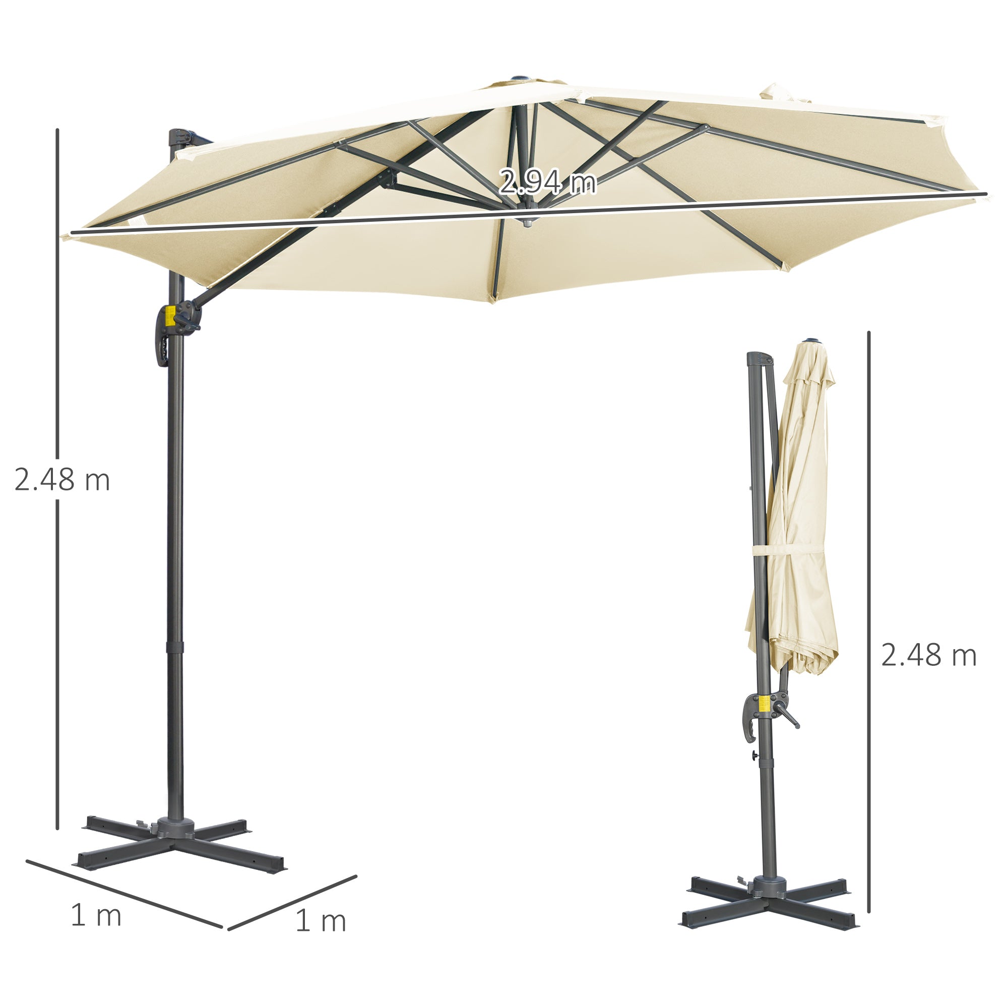 Outsunny 3 x 3(m) Cantilever Parasol with Cross Base, Garden Umbrella with 360\'c2\'b0 Rotation, Crank Handle and Tilt for Outdoor, Patio, Cream White