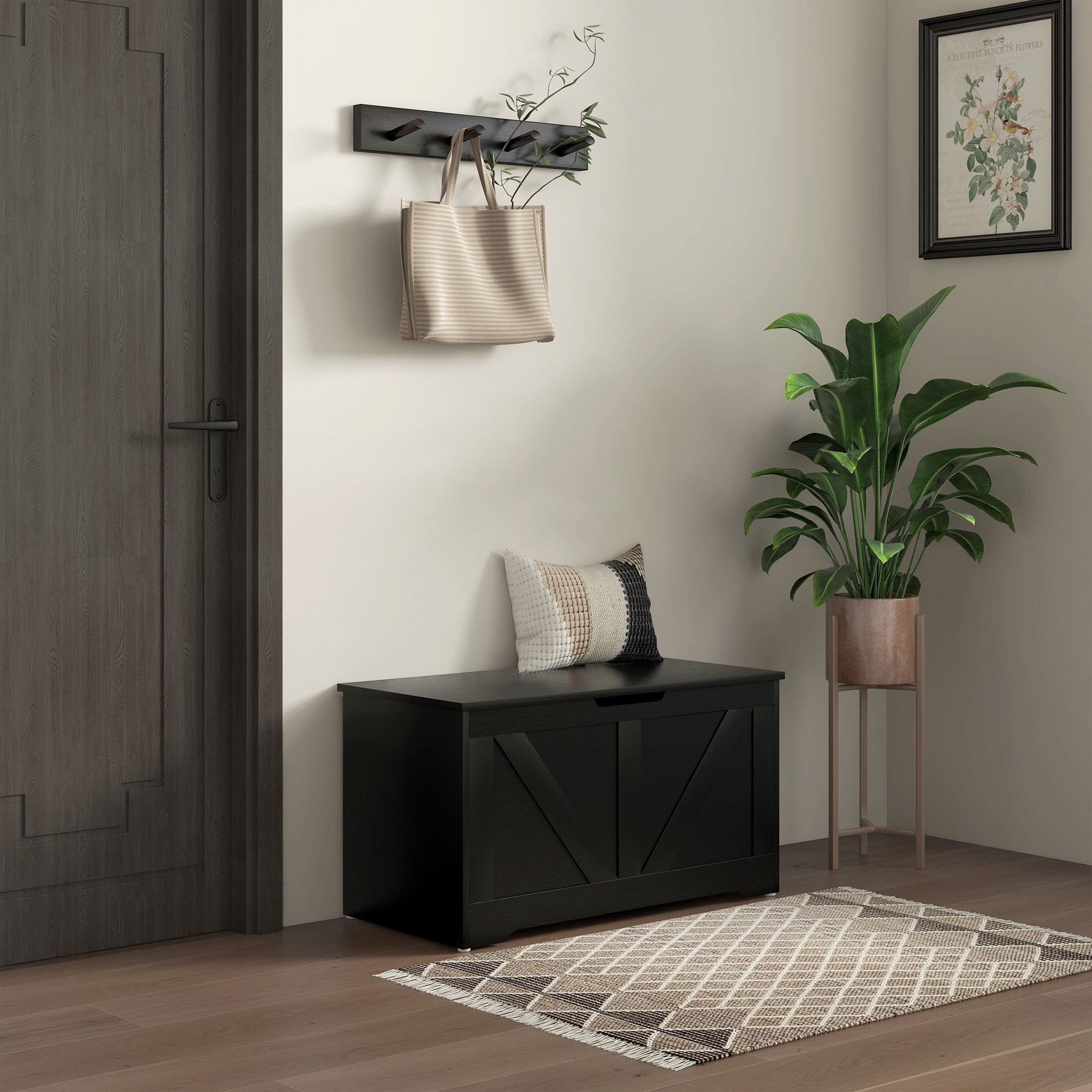 HOMCOM 100L Home Storage Box, with Safety Hinges - Black Wood-Effect