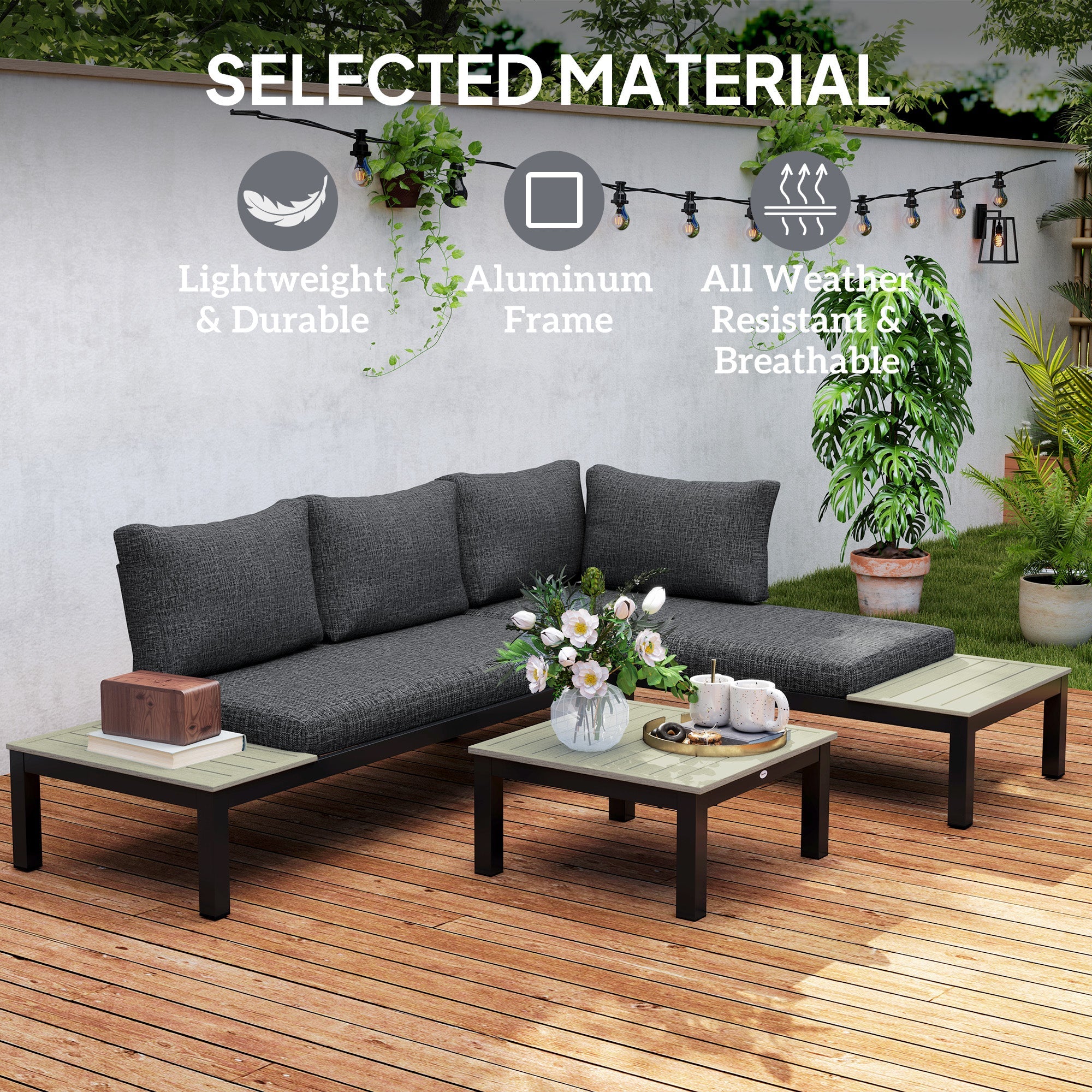 Outsunny 3 Pieces Garden Furniture Set, Aluminium 4 Seater Corner Sofa Set with 2 Loveseats, Coffee Table and Side Trays, Outdoor Conversation Furniture with Cushions for Garden, Dark Grey