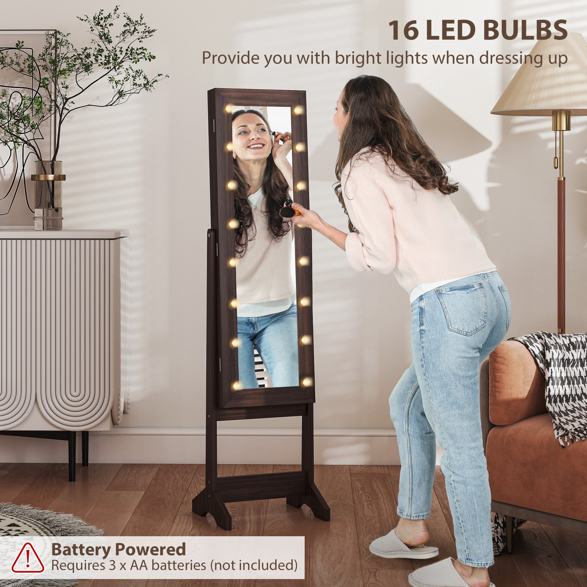 HOMCOM Free Standing Mirror Jewelry Cabinet with LED Lights, Jewellery Organiser with 3 Angle Adjustable, Full-Length Mirror with Storage for Earrings, Necklaces, Rings and Lipsticks, Dark Brown