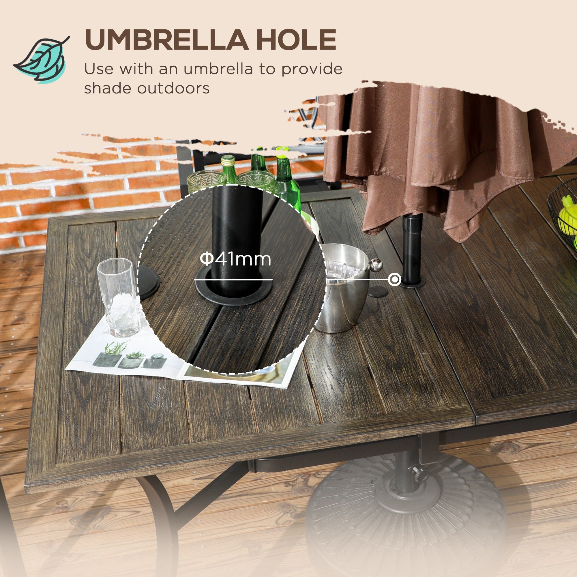 Outsunny Six-Seater Steel Garden Table, with \'e2\'8c\'8041mm Parasol Hole - Wood-Effect