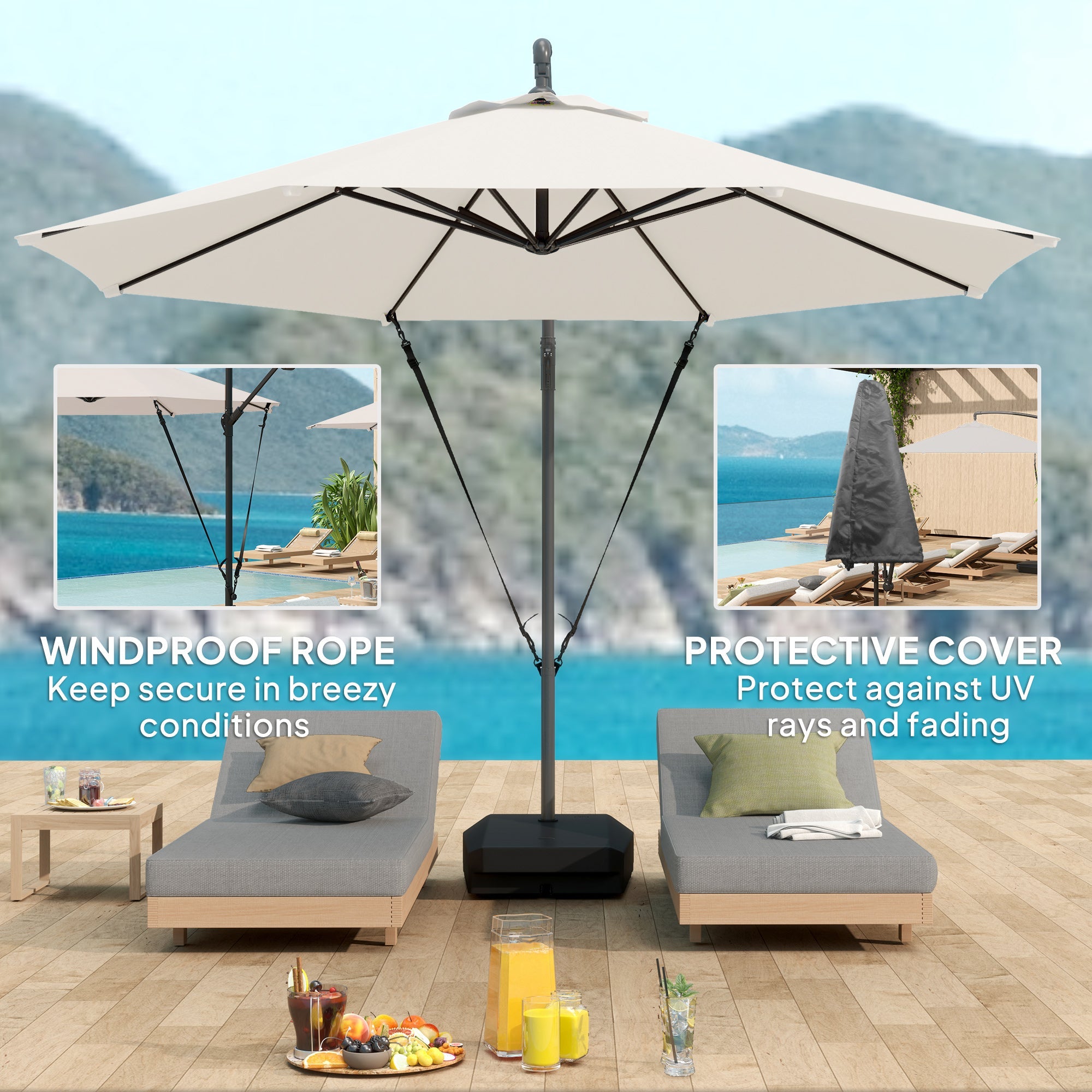 Outsunny 3(m) Garden Cantilever Parasol with Fillable Base, Wind Protection Strap, Cover, Round Banana Hanging Umbrella with Crank Handle and Tilt, Patio Umbrella for Outdoor Sun Shade, UPF50+, Cream