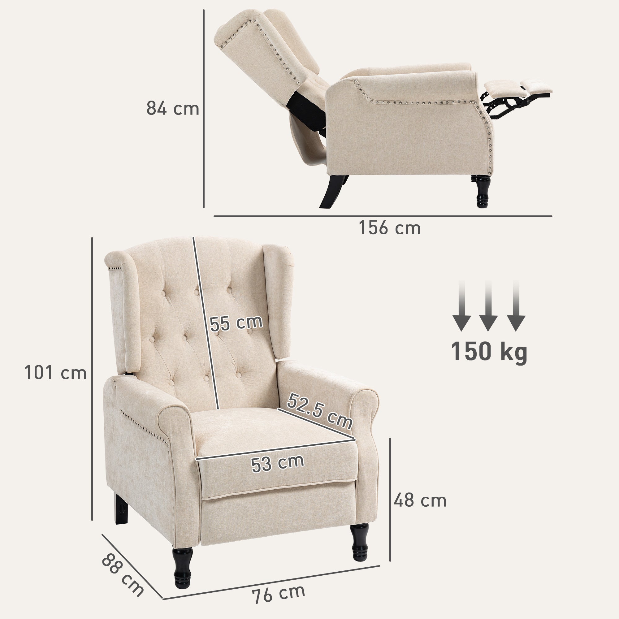 HOMCOM 150° Reclining Vintage Armchair, with footrest - Beige