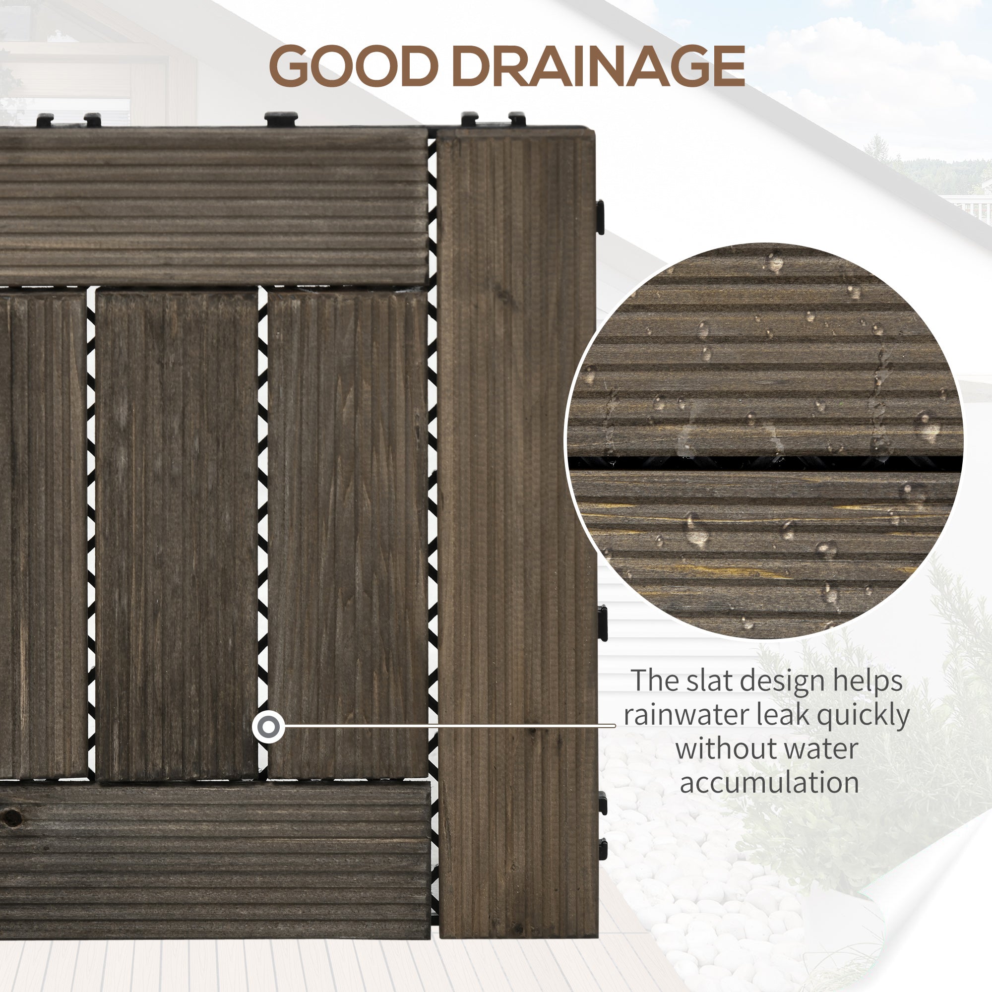 Outsunny 27 Pcs Wooden Interlocking Decking Tiles, 30 x 30 cm Outdoor Flooring Tiles, 2.5\'e3\'8e\'a1 per Pack, for Patio, Balcony, Terrace, Hot Tub, Charcoal Grey