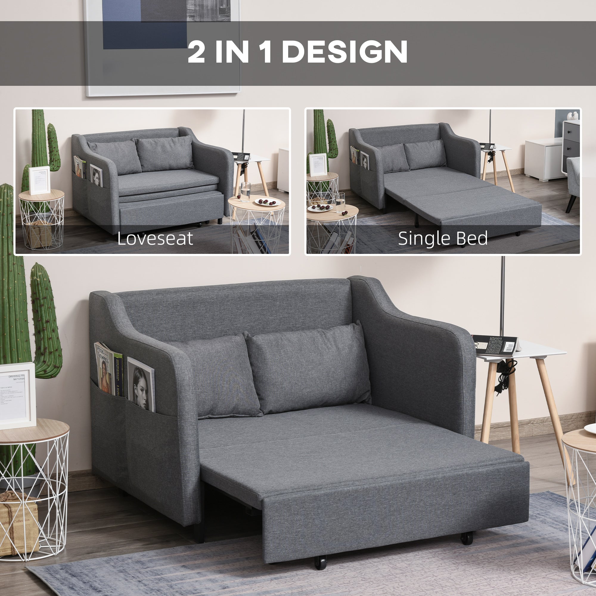 HOMCOM Two-Seater Pull-Out Sofa Bed - Grey