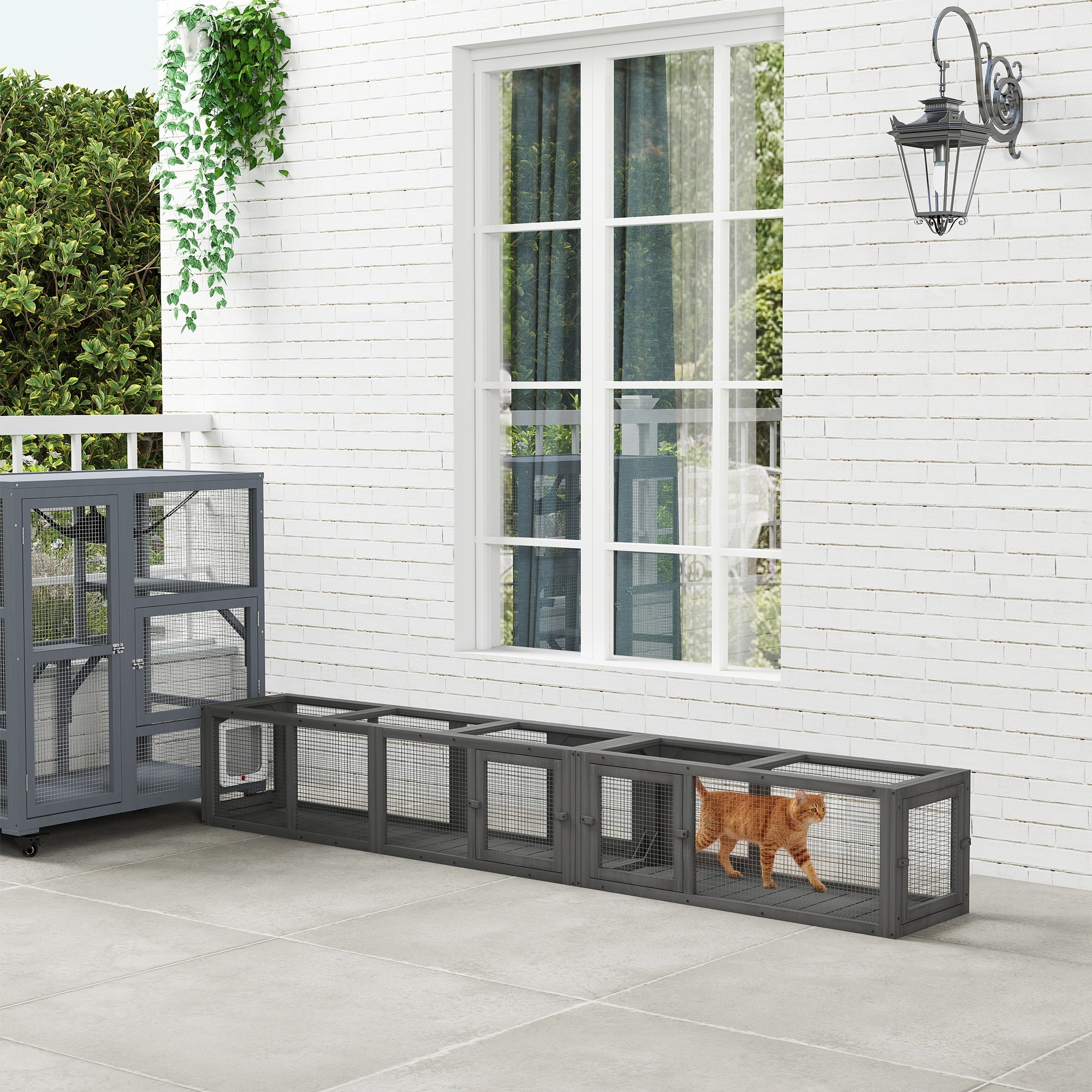 PawHut Cat Tunnel, 250cm Extra Long Wooden Cat Play Tunnel with 8 Doors, L-shape/Rectangle, Outdoor Cat Enclosure, Dark Grey