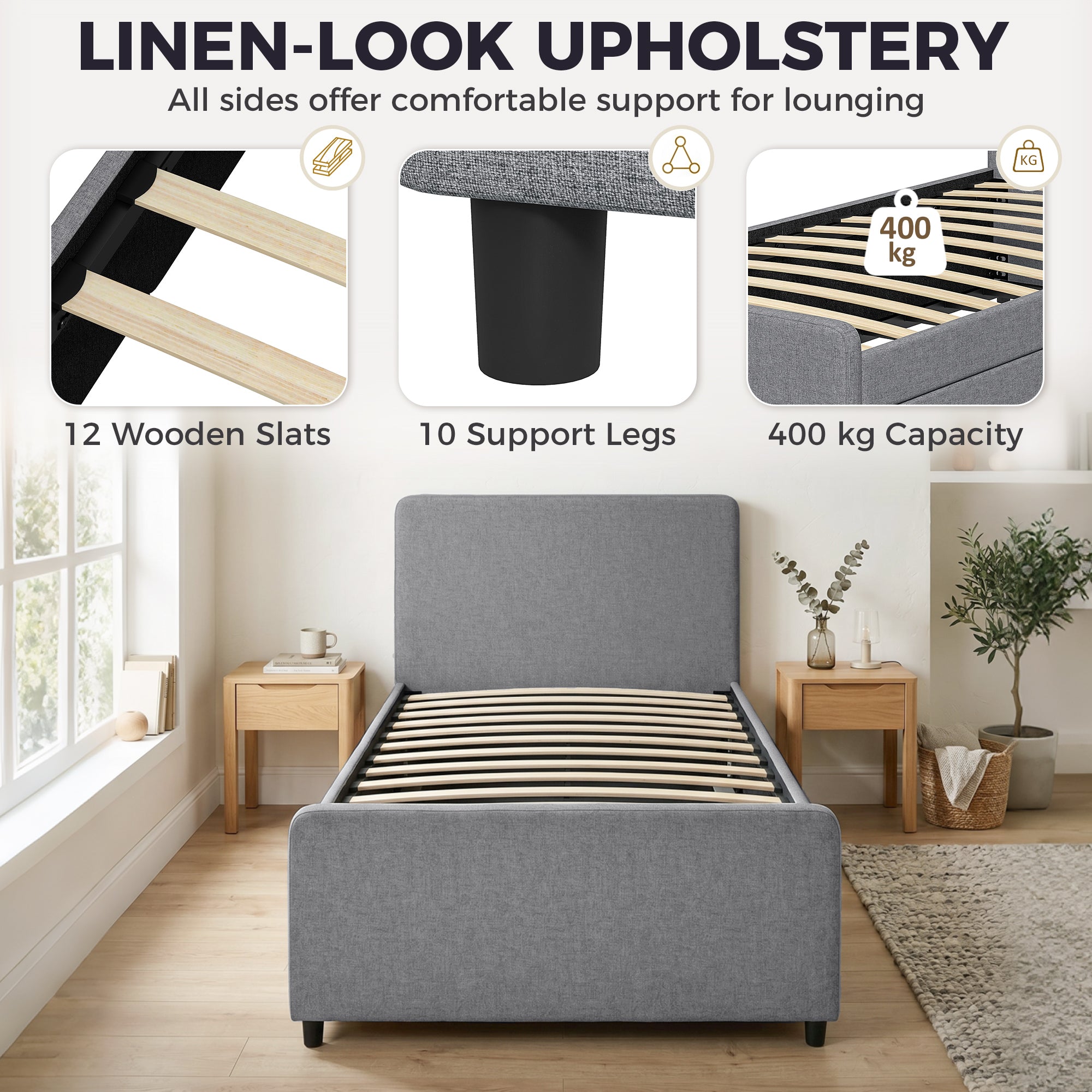 HOMCOM 3ft Single Bed Frame with Trundle, Upholstered Pull Out Trundle Bed with Headboard and Footboard, Dark Grey