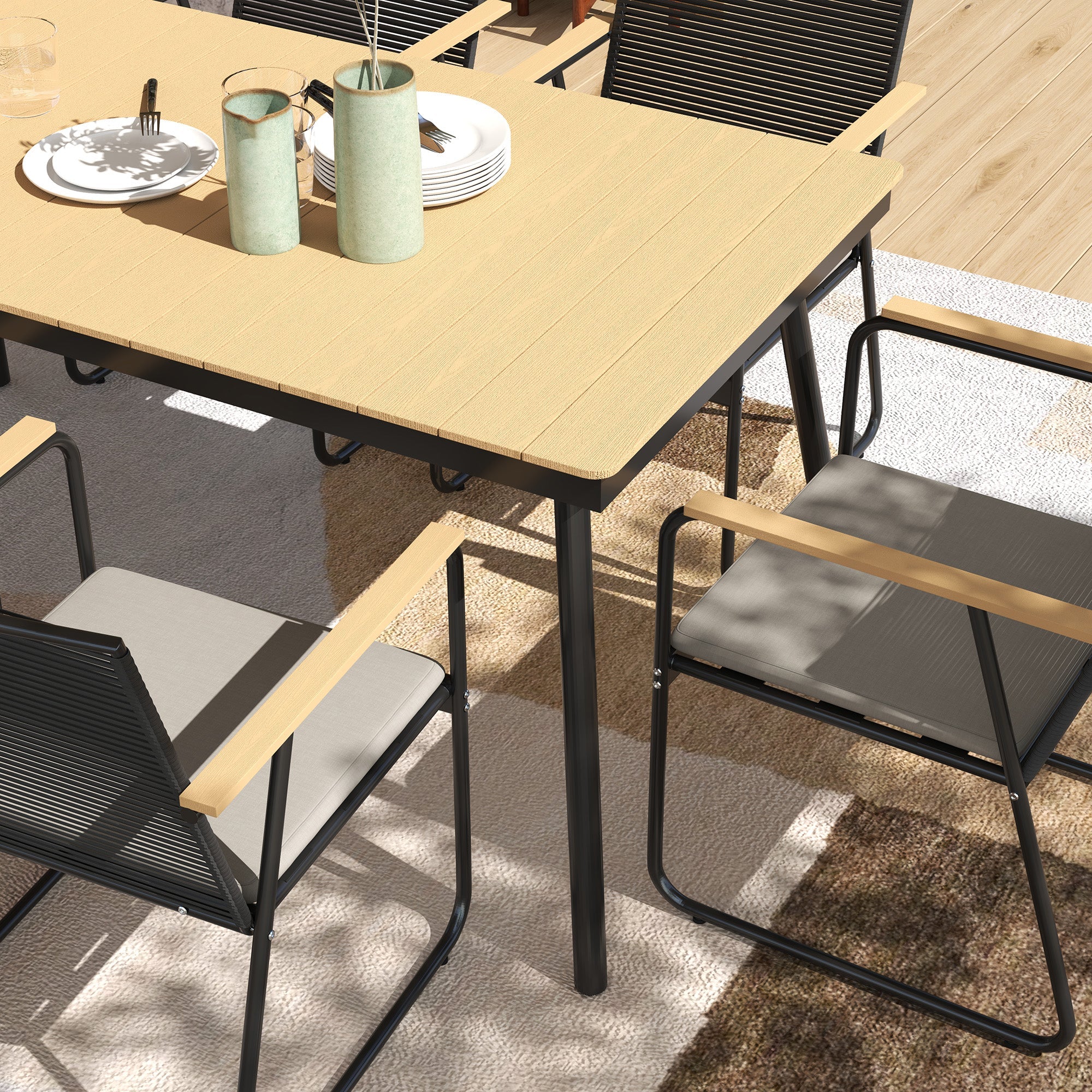 Outsunny 6 Seater Garden Dining Set with Soft Cushions, Rattan Backrest, Rectangular Plastic Top, Garden Furniture Set, Outdoor Dining Table and Chairs for Patio, Balcony, Poolside, Nature Wood Finish