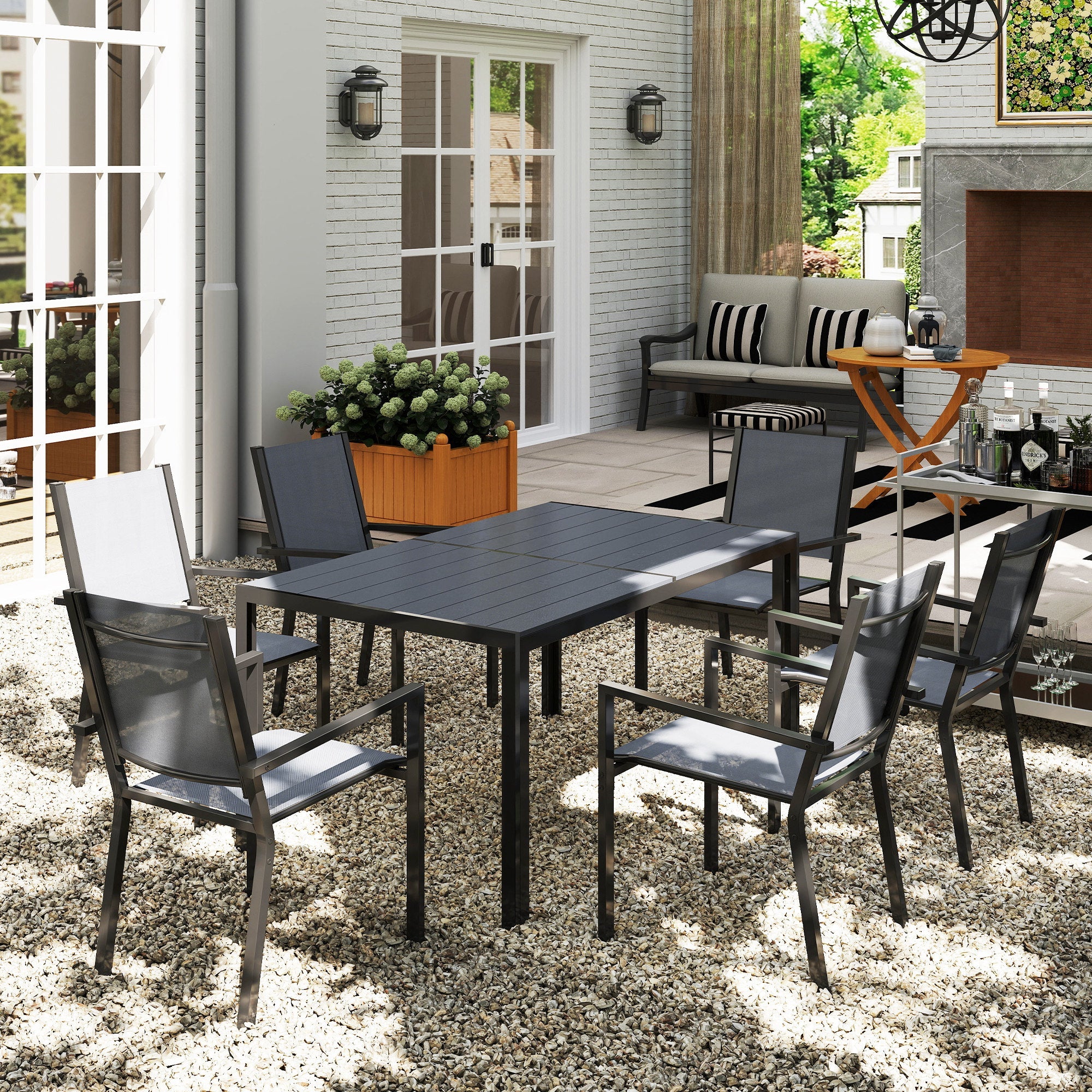 Outsunny 7 Piece Garden Dining Set, Outdoor Furniture Set with 6 Stackable Chairs and 150 cm Rectangle Table, WPC Slatted Top, Rust-Resistant Steel Frame, for Garden, Porch, Terrace