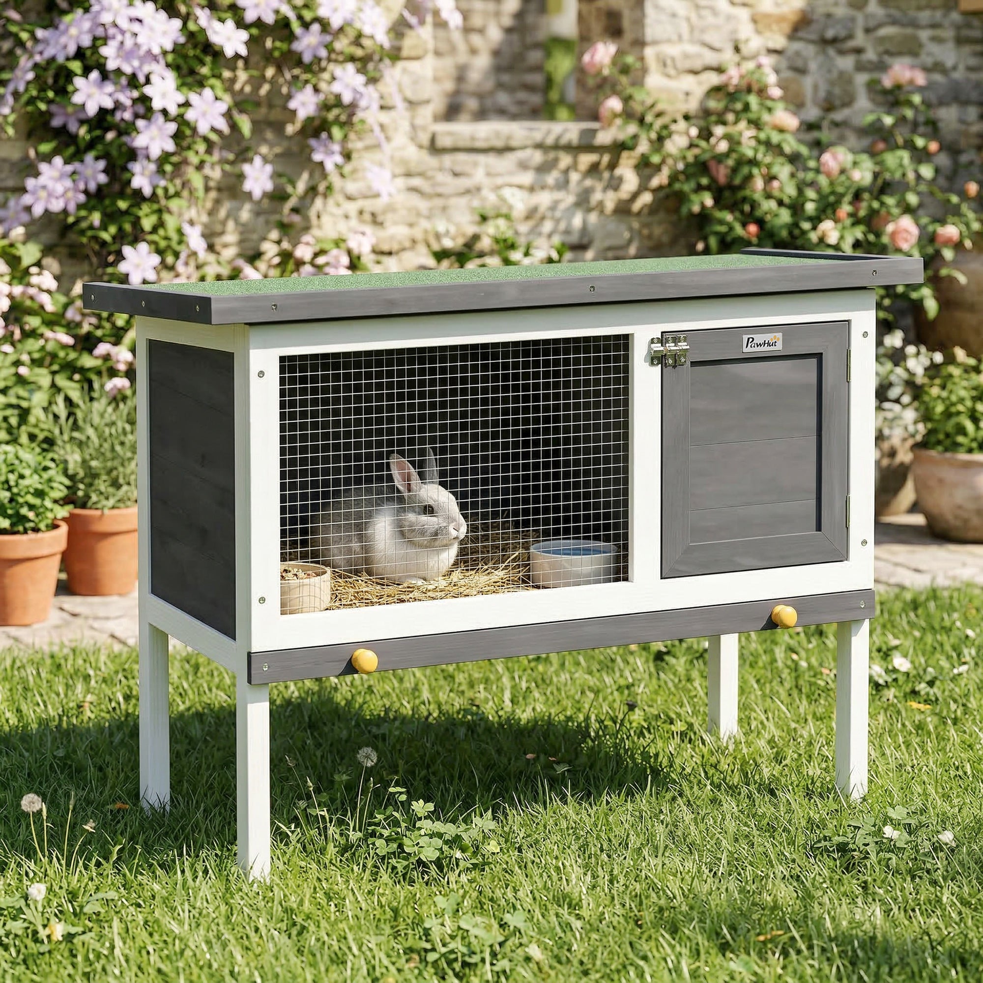 PawHut Wooden Rabbit Hutch, Guinea Pig Hutch with Asphalt Roof, Outdoor Elevated Bunny House for Rabbits, Chinchillas