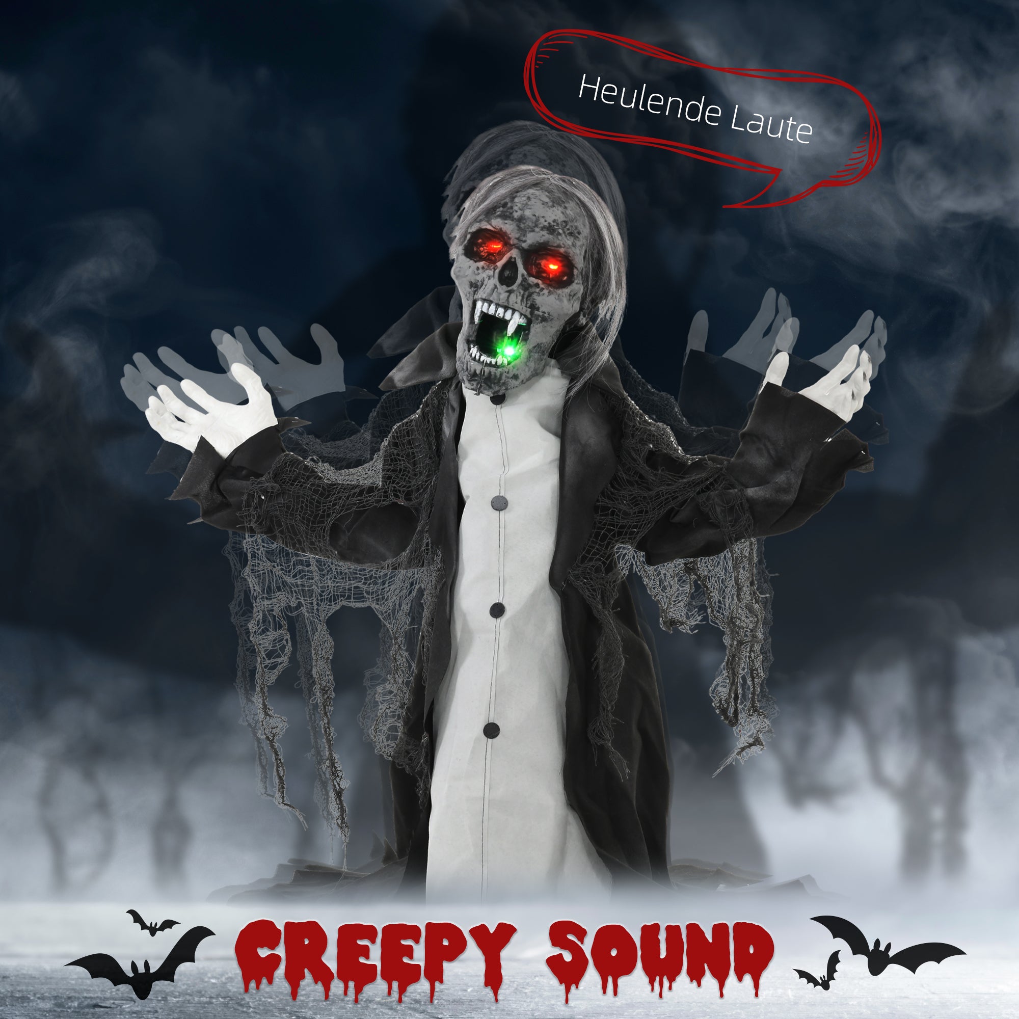 HOMCOM Halloween Animated Skeleton with Glowing LED Eyes and Mouth, Half-Body Halloween Decoration, Battery Operated