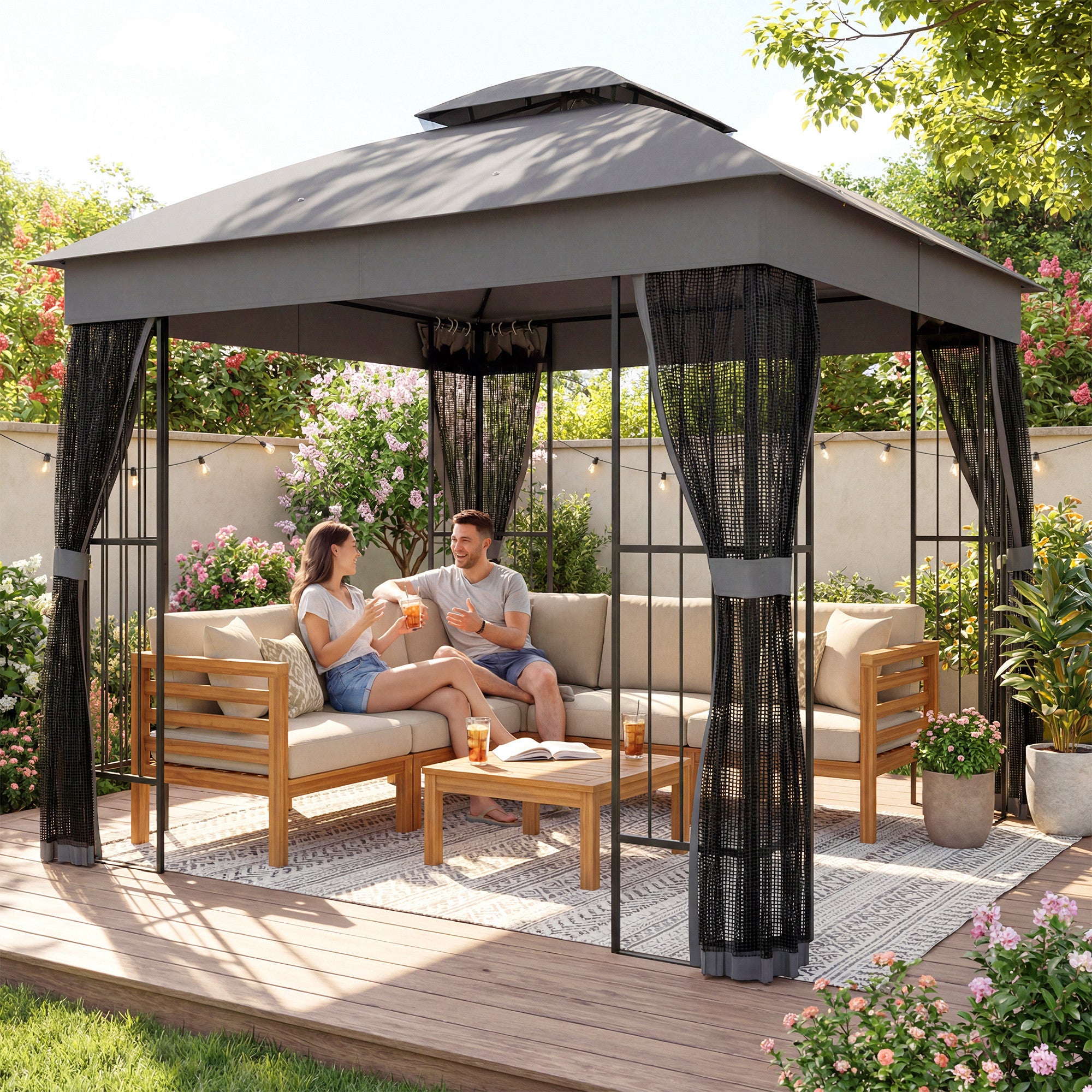 Outsunny 3 x 3 m Outdoor Garden Gazebo with Post Shelves, UPF50+ Double Roof Patio Permanent Pavilion, Grey