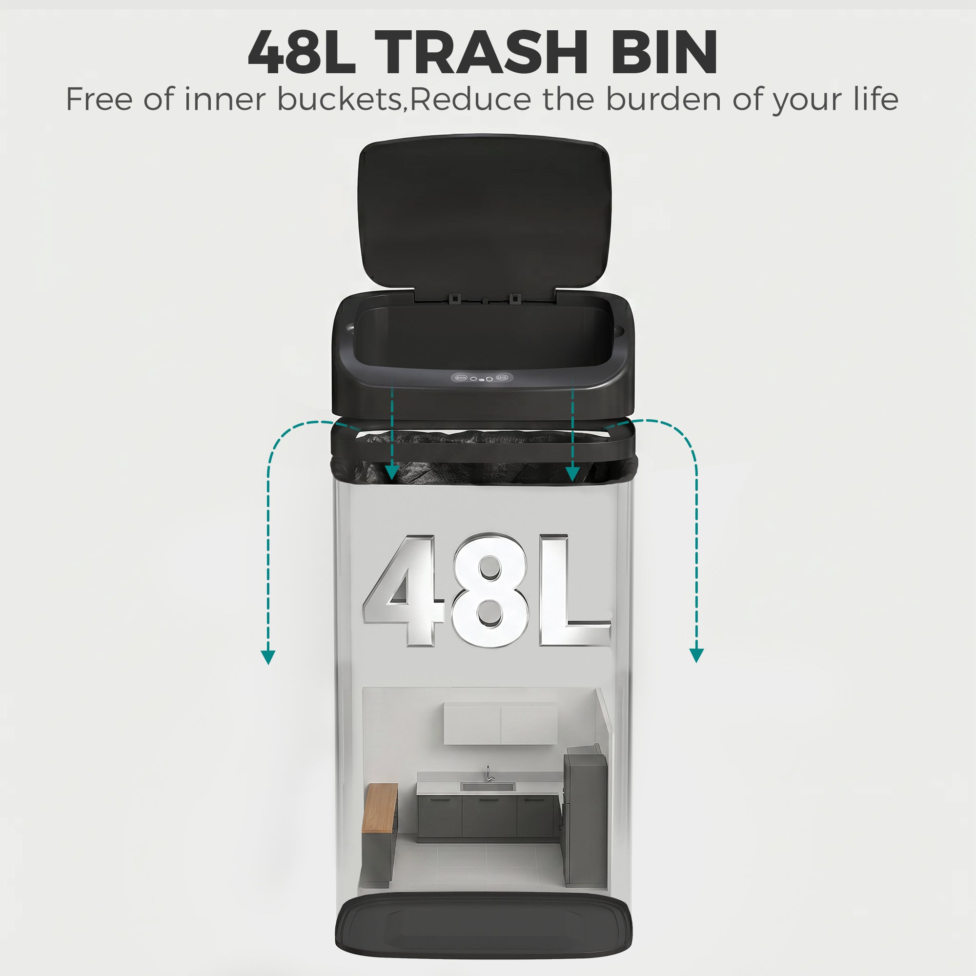 HOMCOM 48L Galvanised Steel Sensor Bin - Black