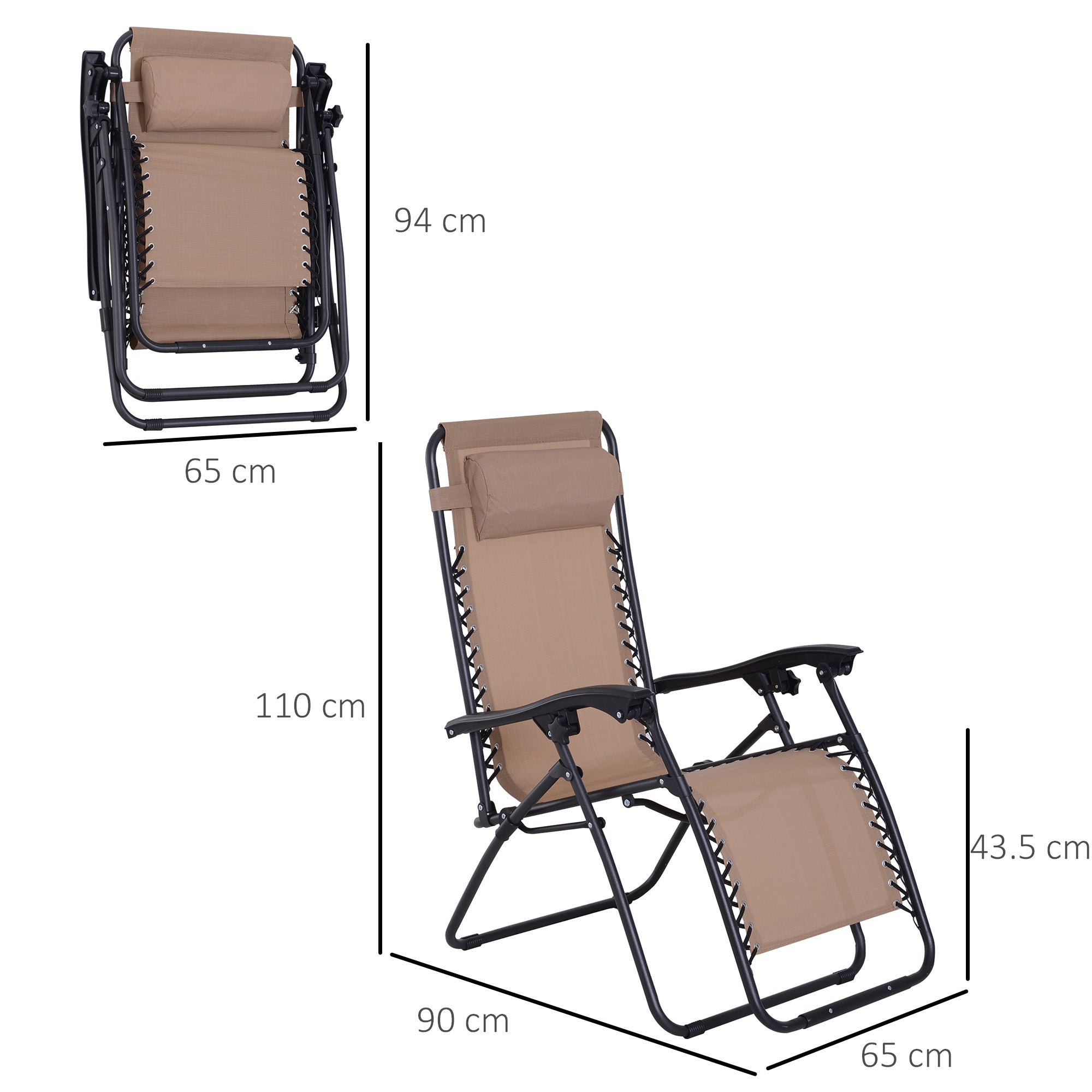 Outsunny Zero Gravity Chair Set of 2, Metal Frame Texteline Armchair Outdoor Folding and Reclining Sun Lounger with Head Pillow for Patio Decking Gardens Camping, Beige