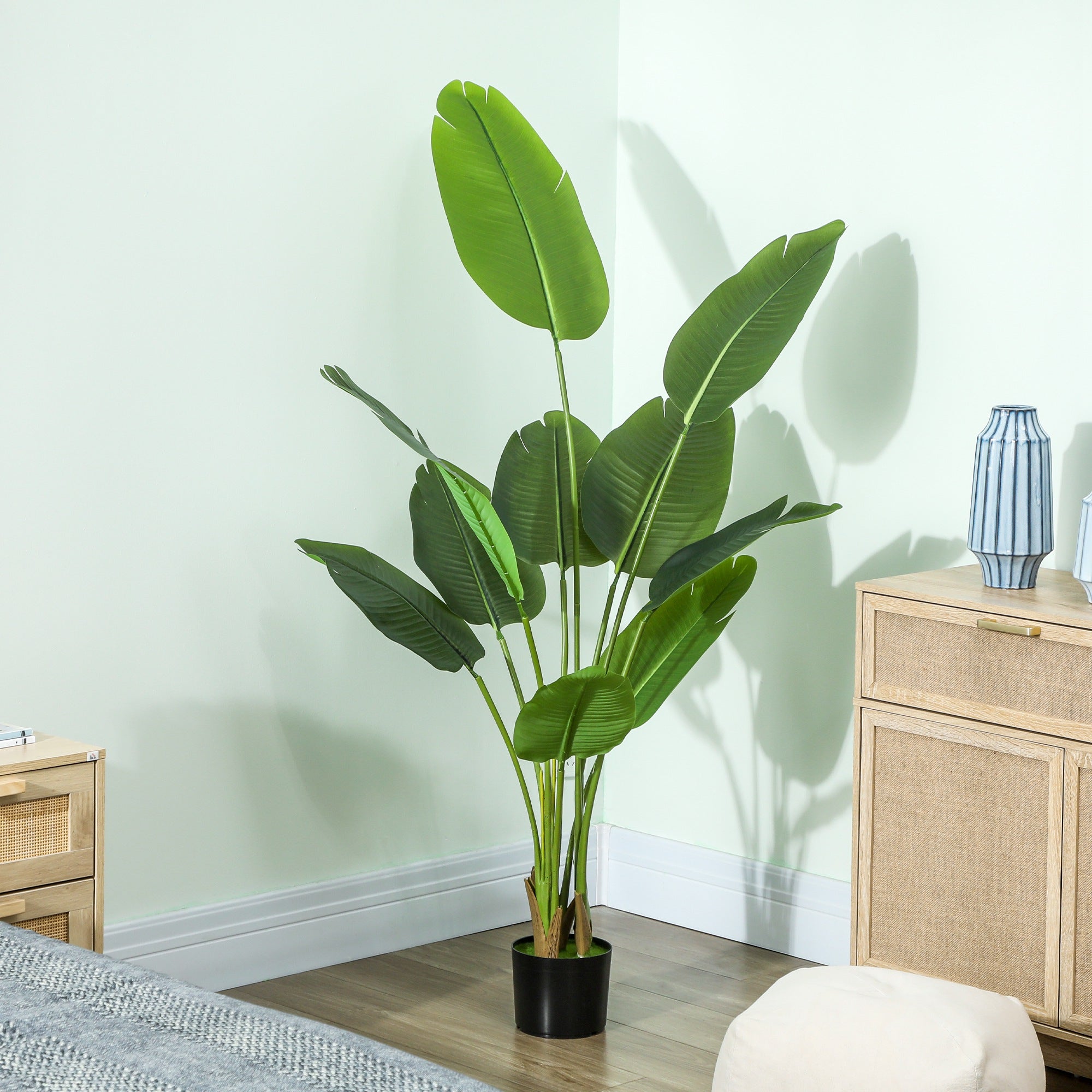 HOMCOM 160cm Tall Artificial Bird of Paradise Plant, Faux Banana Leaf Tree with PEVA Leaves and Flocking, Decorative Palm Tree in Pot for Home Office Decor, Green