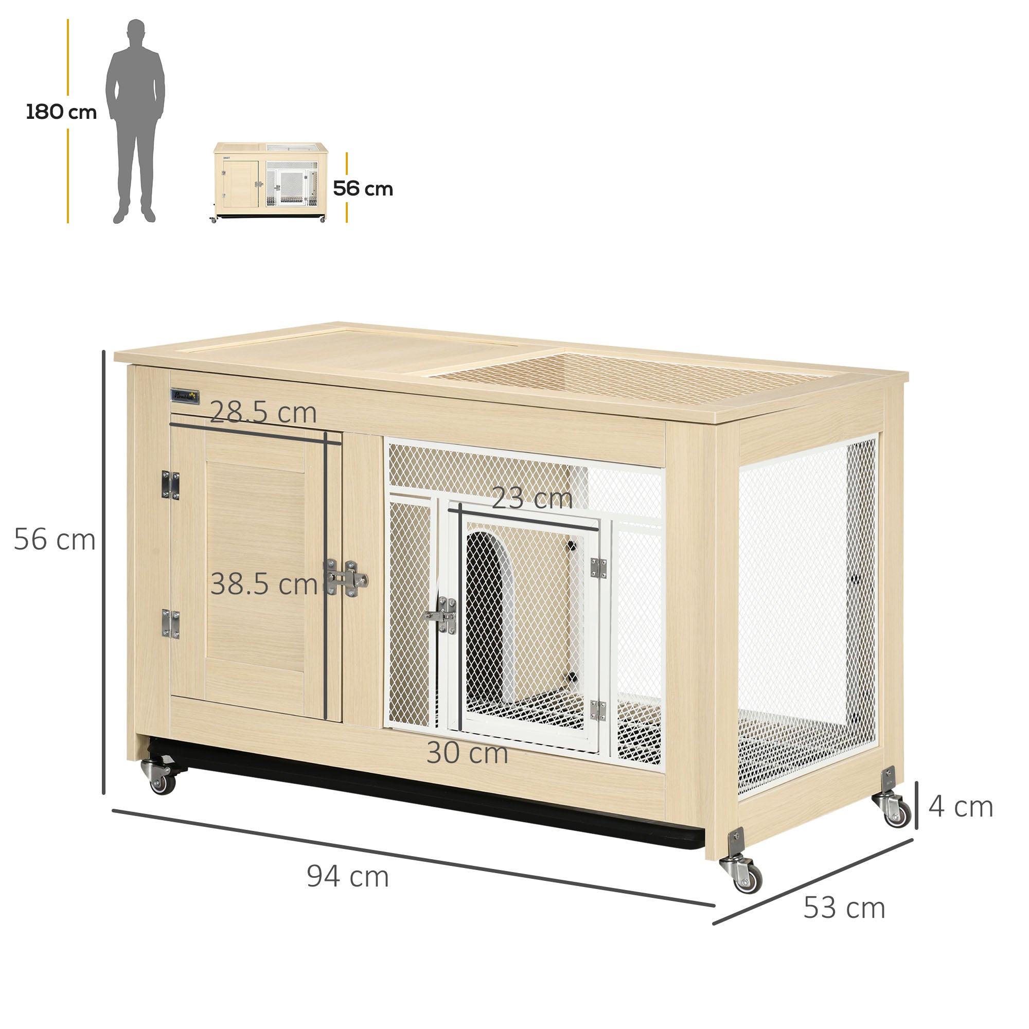 PawHut Rabbit Hutch, with Wheels, Removable Tray, Openable Roof, for 1-2 Rabbits - Oak Tone