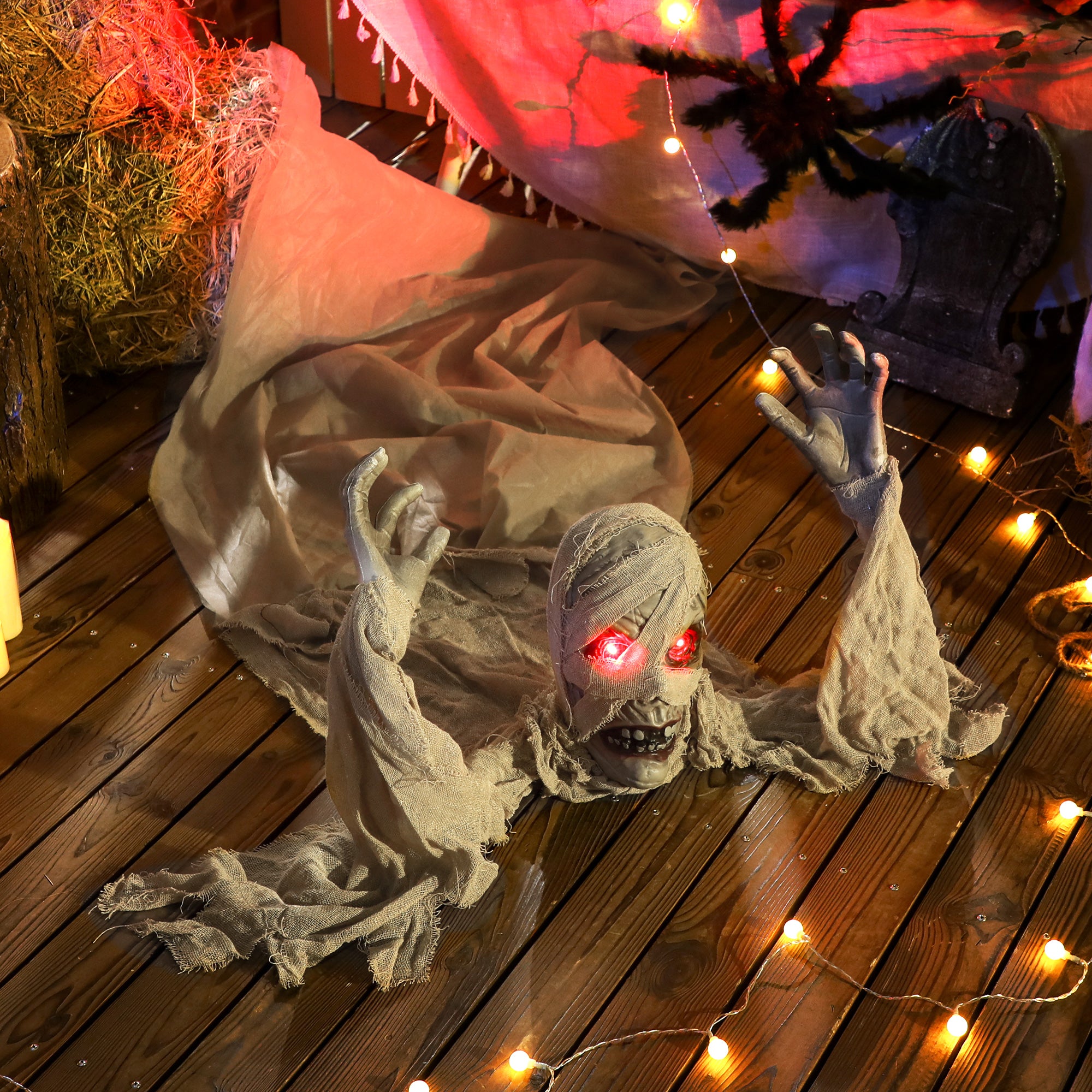 Outsunny 183 cm Life Size Halloween Animated Crawling Mummy with Glowing LED Eyes, 8/16H Timer, Scary Halloween Decorations, Battery Operated, Indoor Outdoor Party Props