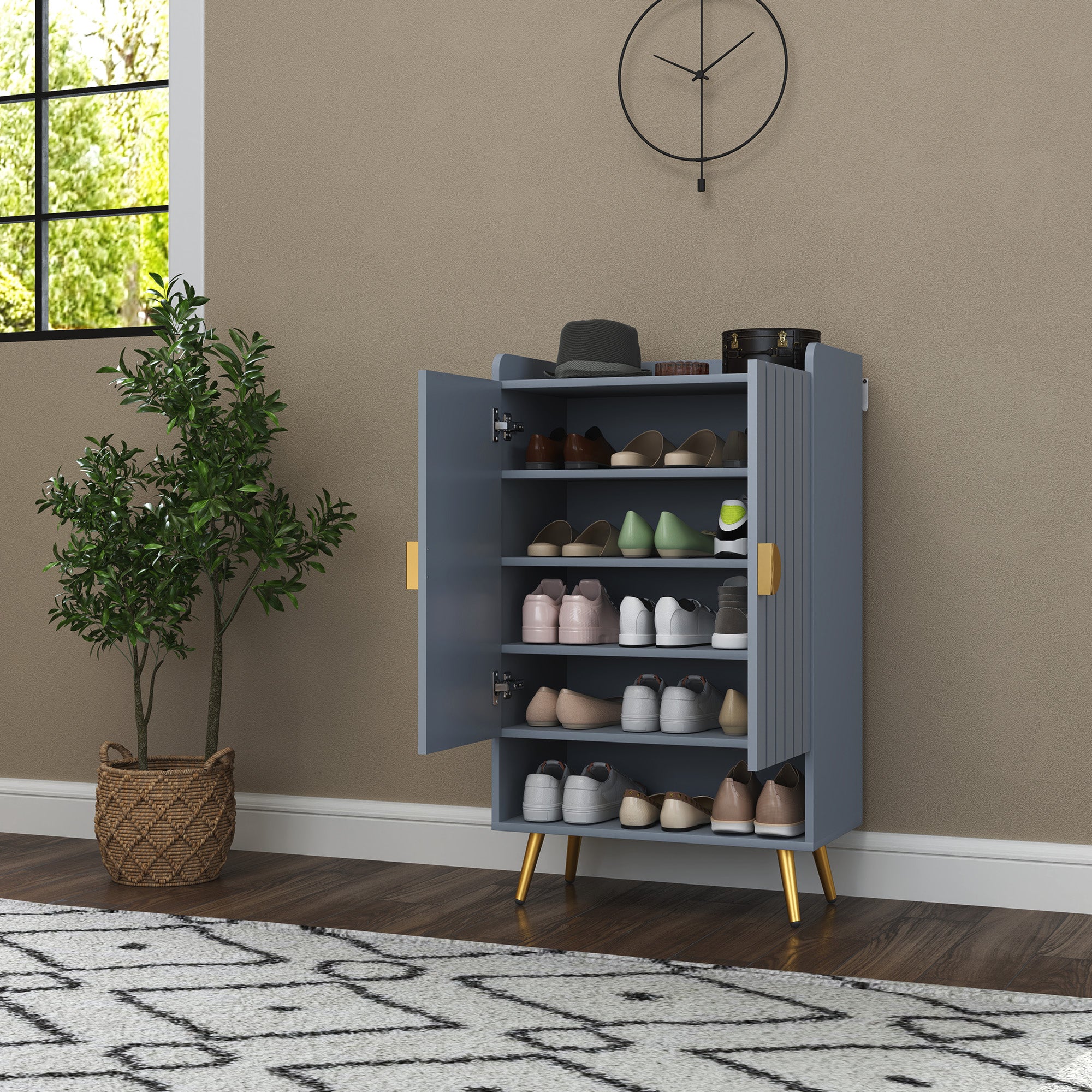 HOMCOM Modern Shoe Cabinet with 2 Doors, Open Shelf and Adjustable Shelves, 15 Pair Hallway Shoe Cupboard, Entryway Storage Unit, Light Grey