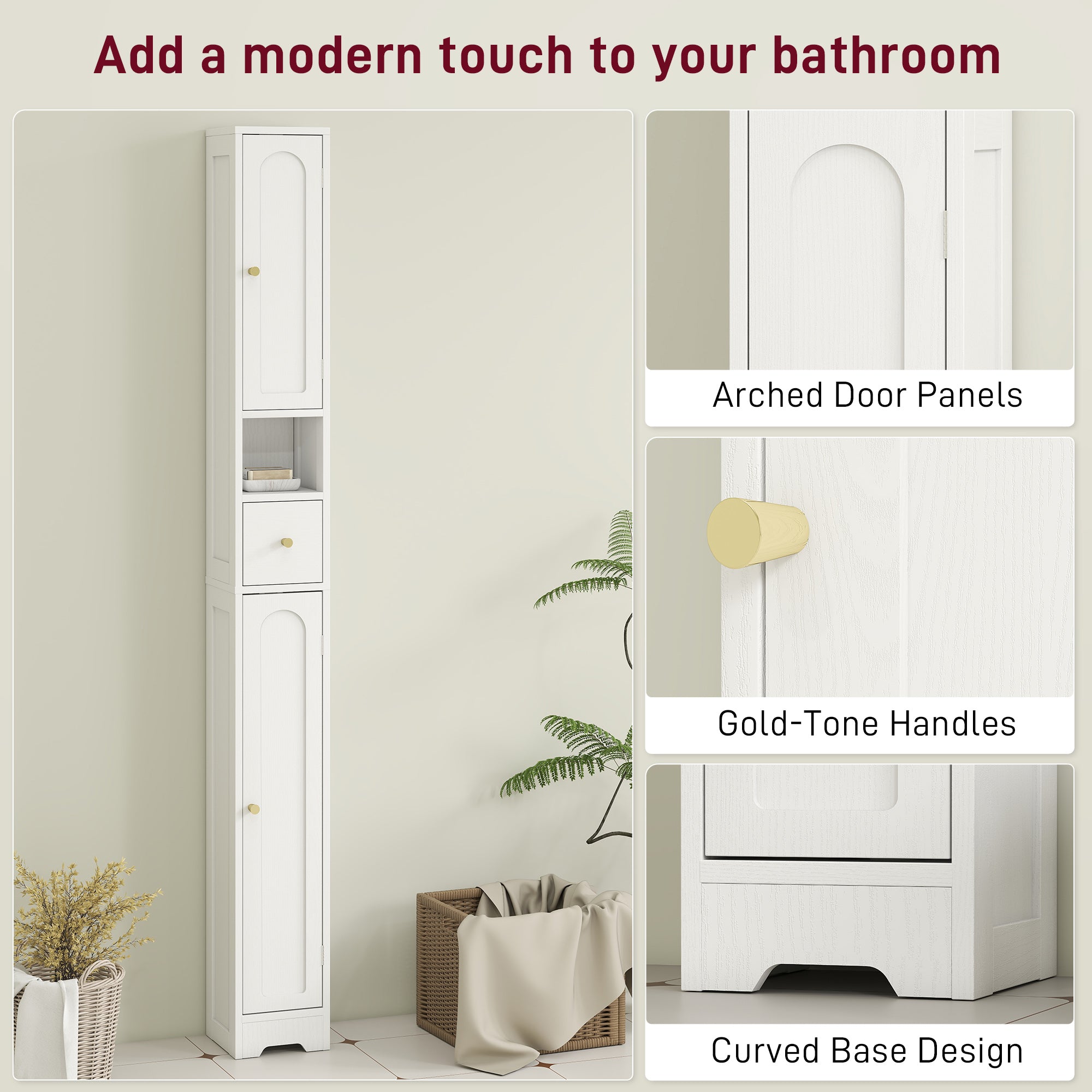 HOMCOM 185 cm Tall Bathroom Cabinet with Arched Doors - White