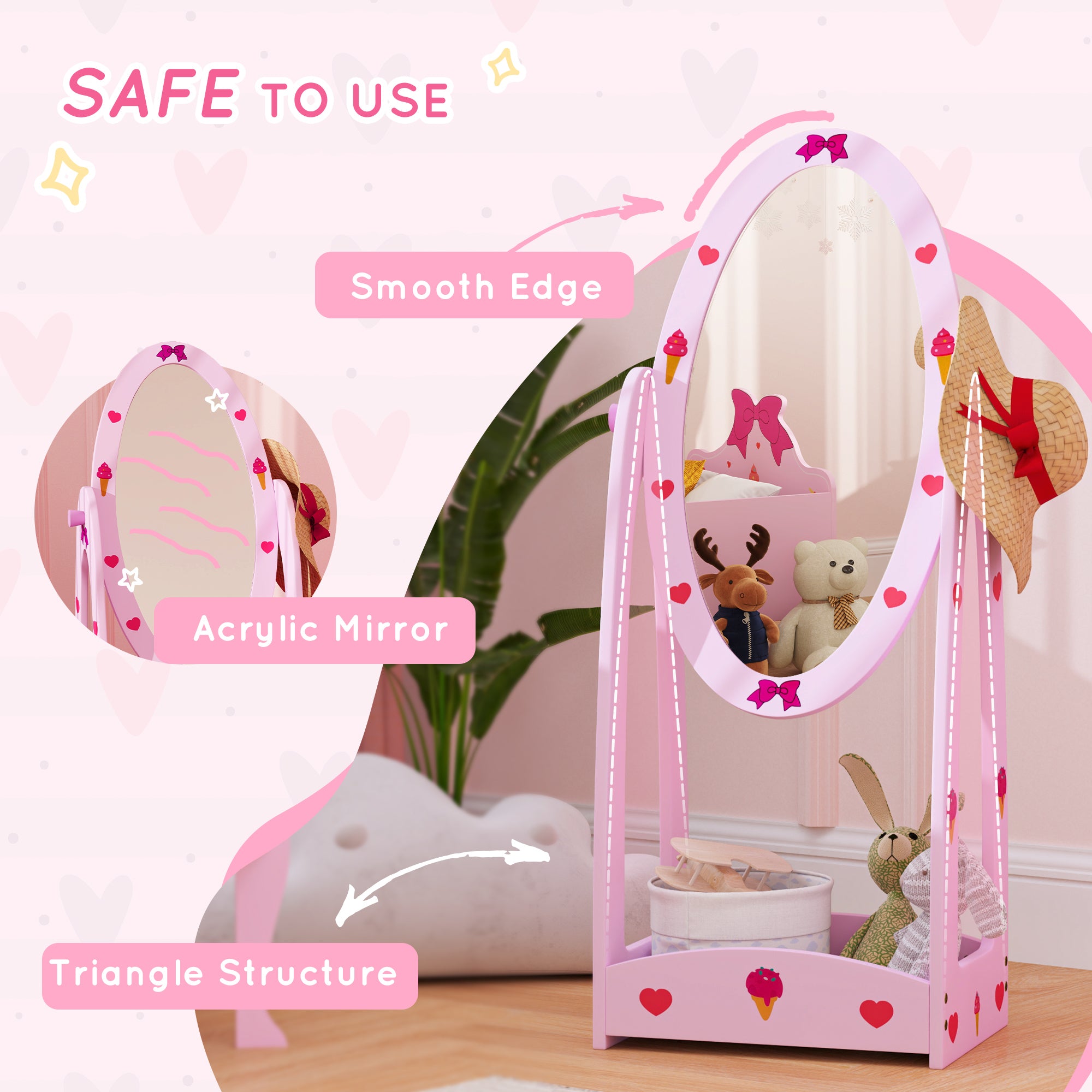 AIYAPLAY Kids Full Length Mirror, 360\'c2\'b0 Rotating Children Standing Mirror with Storage Shelf, Hot Pink