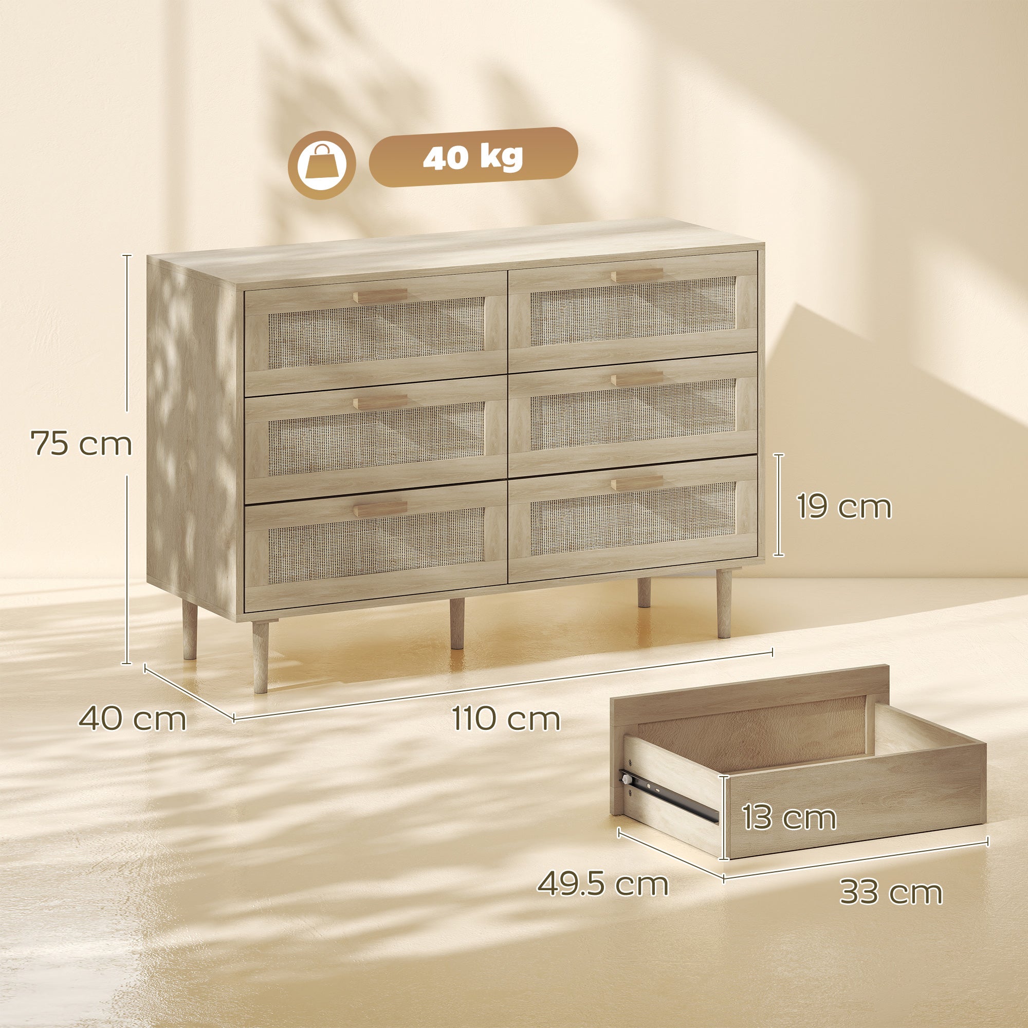 HOMCOM Chest of Drawers, 6-Drawer Dresser, Tall Storage Drawer Unit with Rattan Element for Bedroom, Living Room, Oak