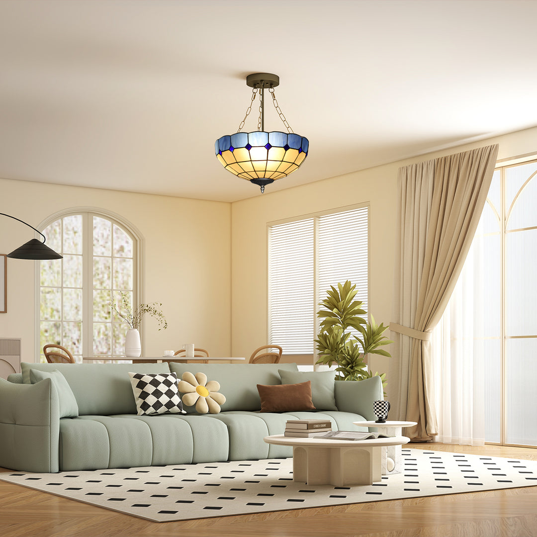 HOMCOM Tiffany Style Ceiling Light, Vintage Chandelier with 3 E27 Sockets, Semi Flush Mount for Living Room, Bulbs Not Included - Blue and White
