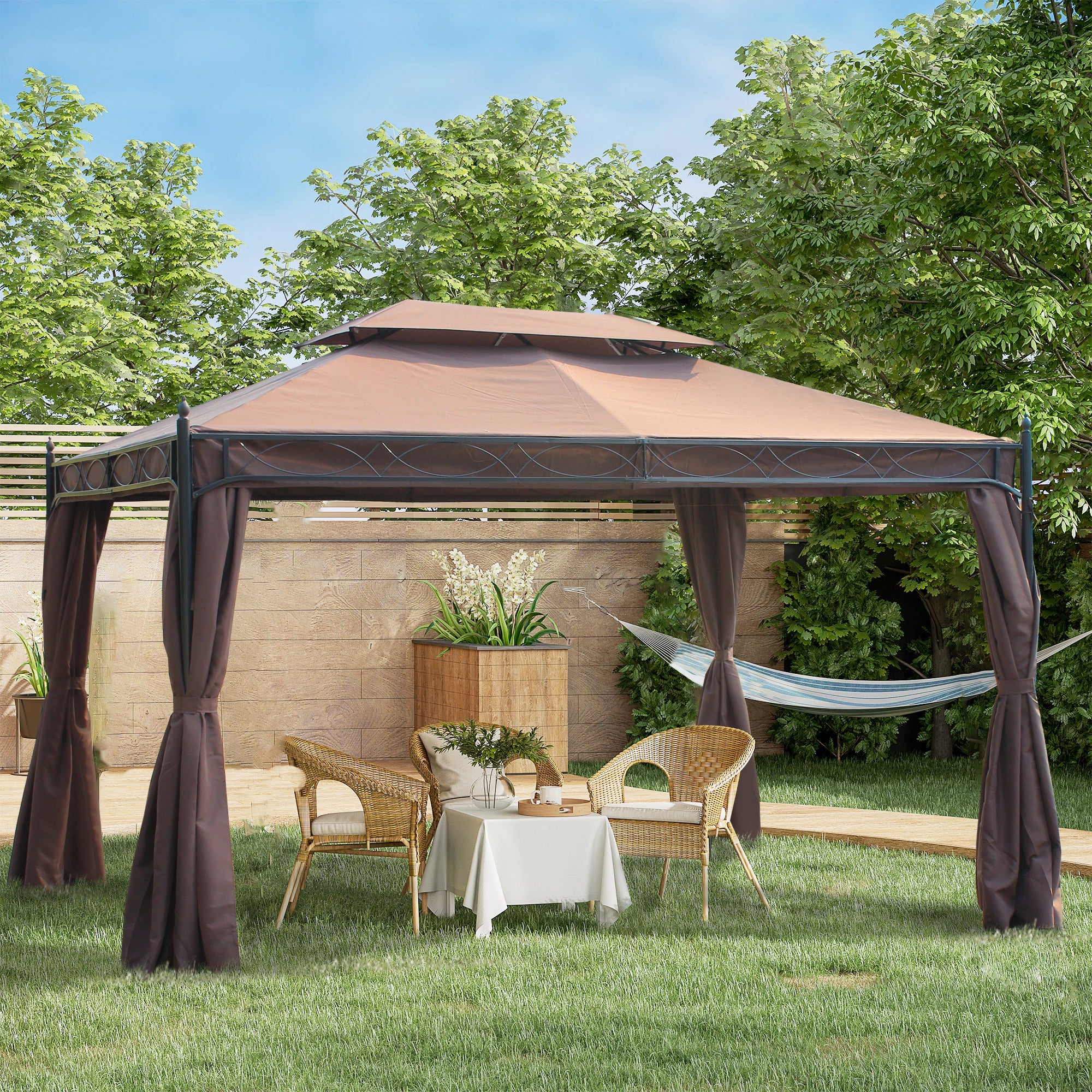Outsunny 3 x 4m Garden Gazebo, Double Roof Marquee Canopy Shelter with Sidewalls, Solid Steel Frame for Garden, Lawn, Backyard and Deck