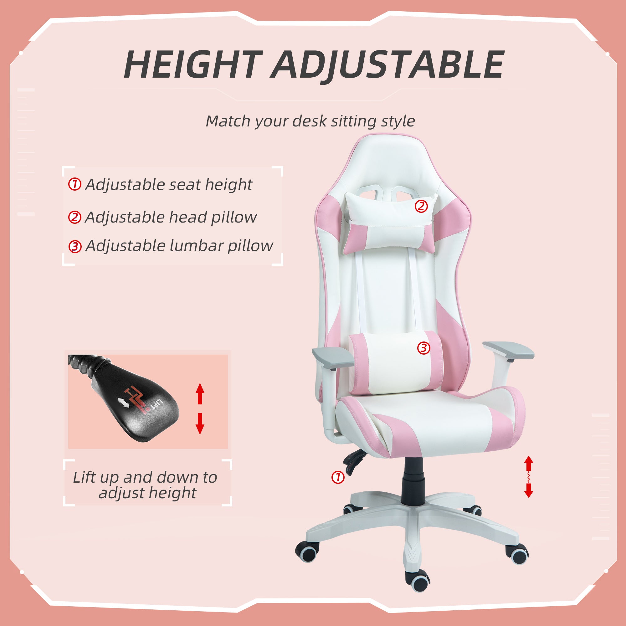 HOMCOM Faux Leather Colour Block Gaming Chair, with 135\'c2\'b0 Reclining Back - Pink/White